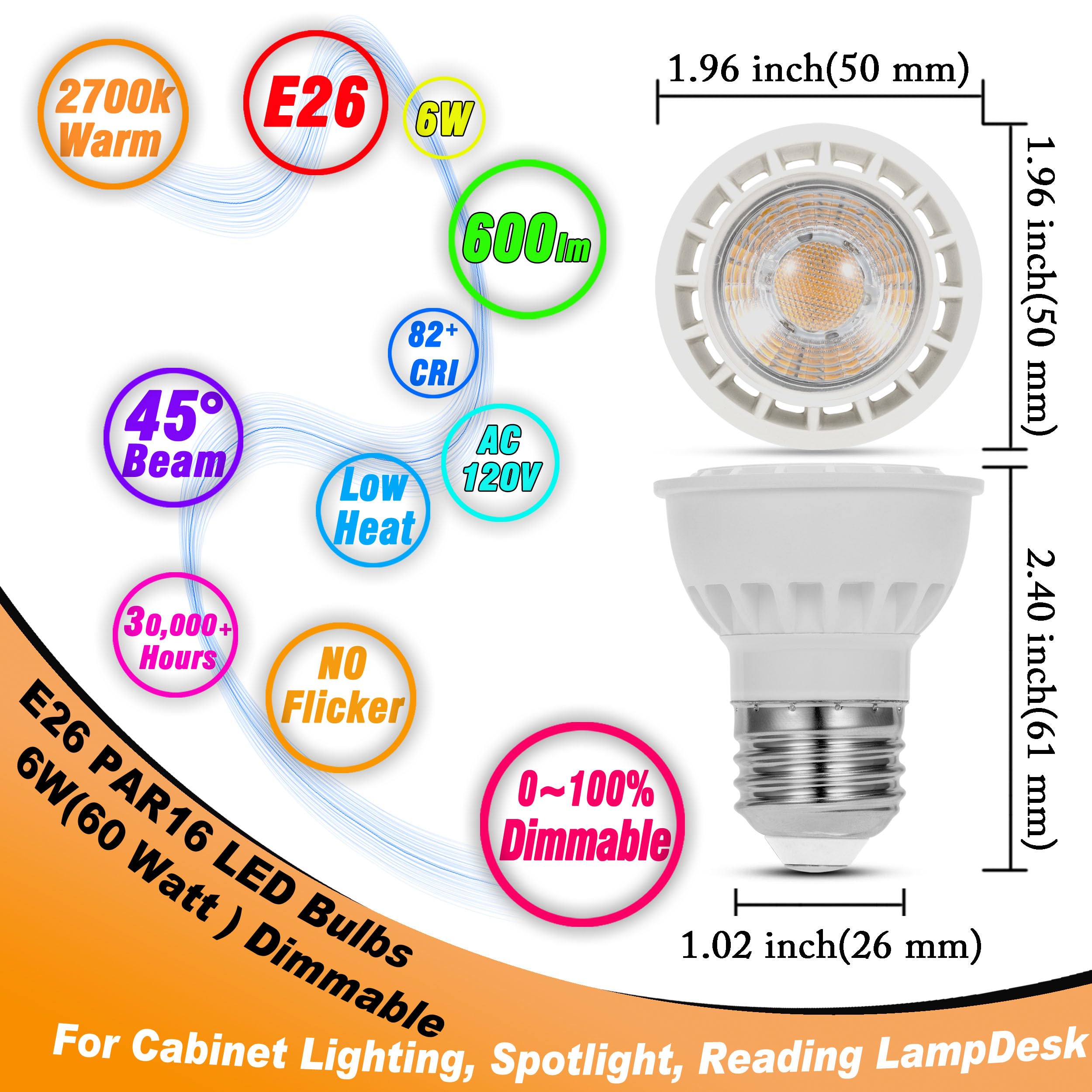 Heifymi Par16 Led Bulbs Dimmable 6W(60 Watt Equivalent) Curio Cabinet Light Bulbs, E26 Medium Base Short Neck Recessed Spotlight