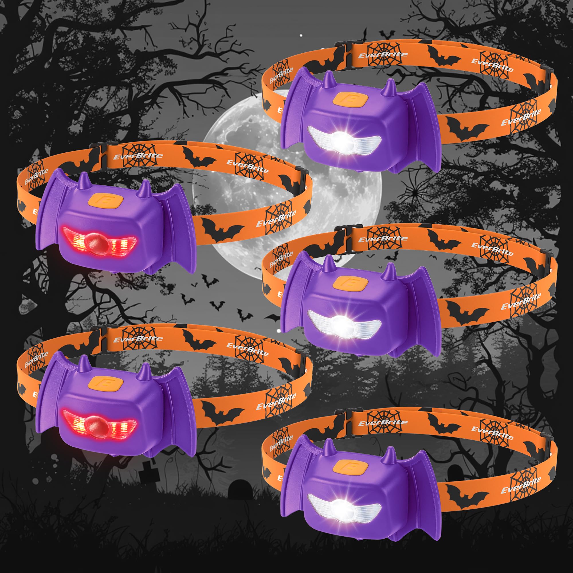 EverBrite Halloween Bat Headlamps Halloween Gifts, 5 Pack Head Lamps with Warm/Red/Strobe 3 Modes, Headlights for Halloween Part