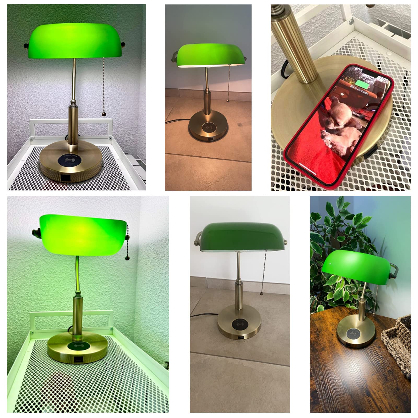 Firvre Green Glass Bankers Lamp With Usb & Wireless Charging, E26 Base, Traditional Design