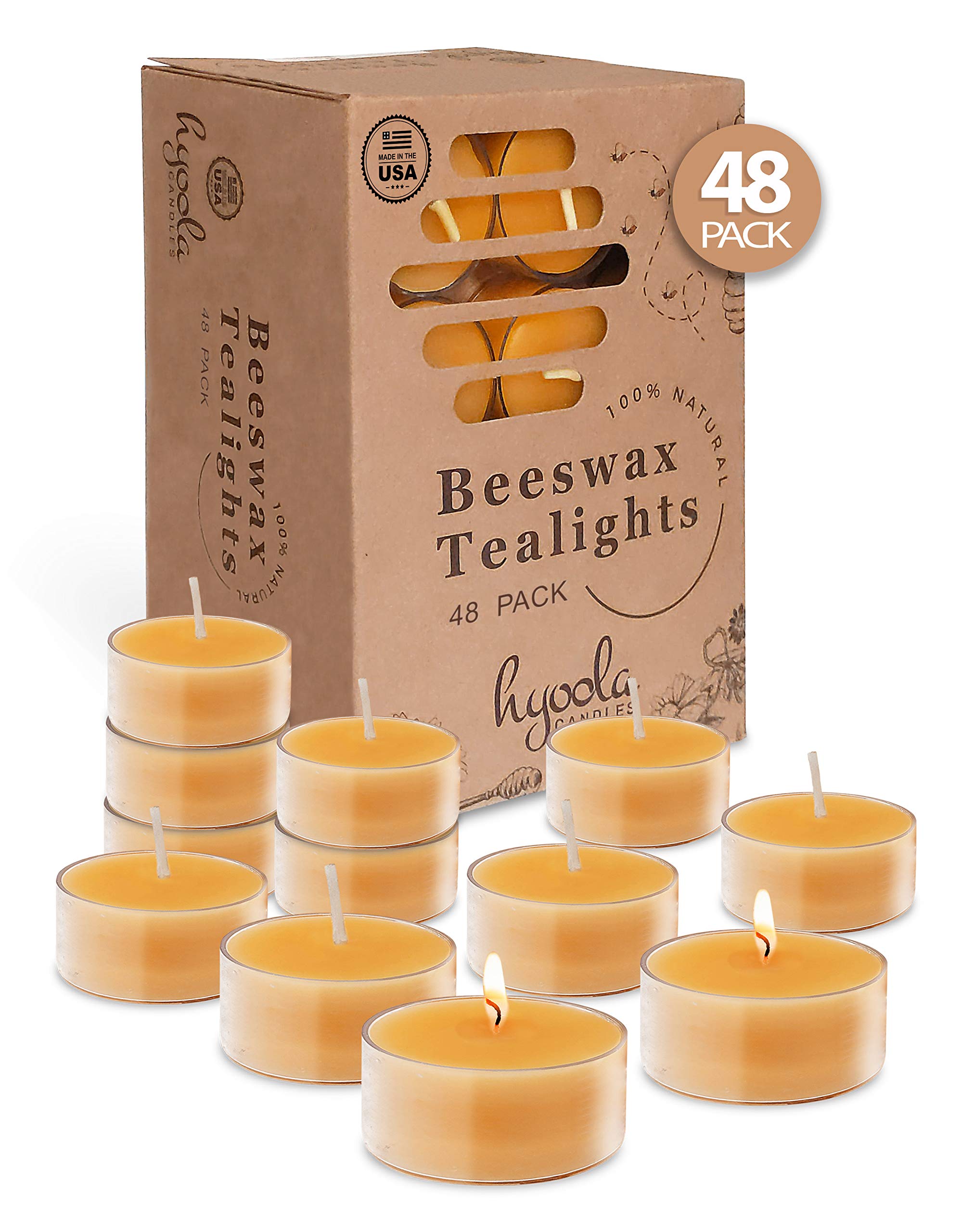 Hyoola Pure Beeswax Tea Lights, Handmade Decorative Unscented, Tealight Candles, 4 Hour Burn Time, Clear Cup (Pack Of 48)