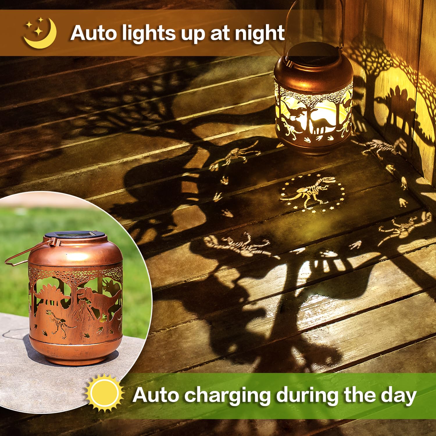 Dinosaur Solar Lanterns Outdoor Waterproof,Hanging Solar Lights Dinosaur Gifts For Women Men Metal Led Decorative Light For Yard