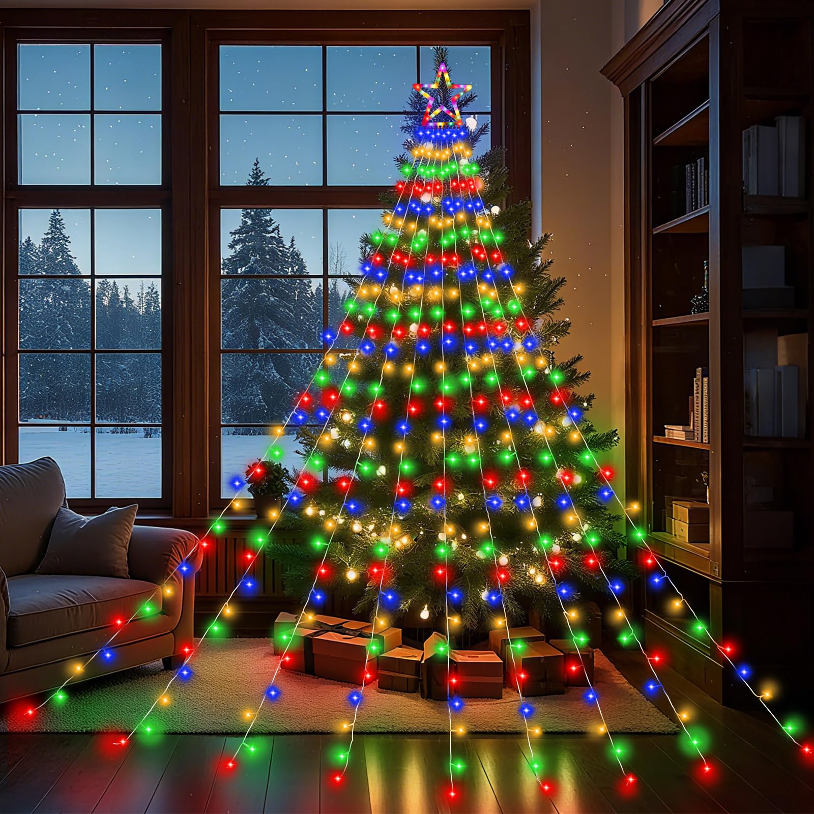 DINGFU 11.5 ft 317 LED Star Christmas Tree Lights, Multicolor, 8 Lighting Modes, Timer, Outdoor Decorations for Yard, Party, Wedding