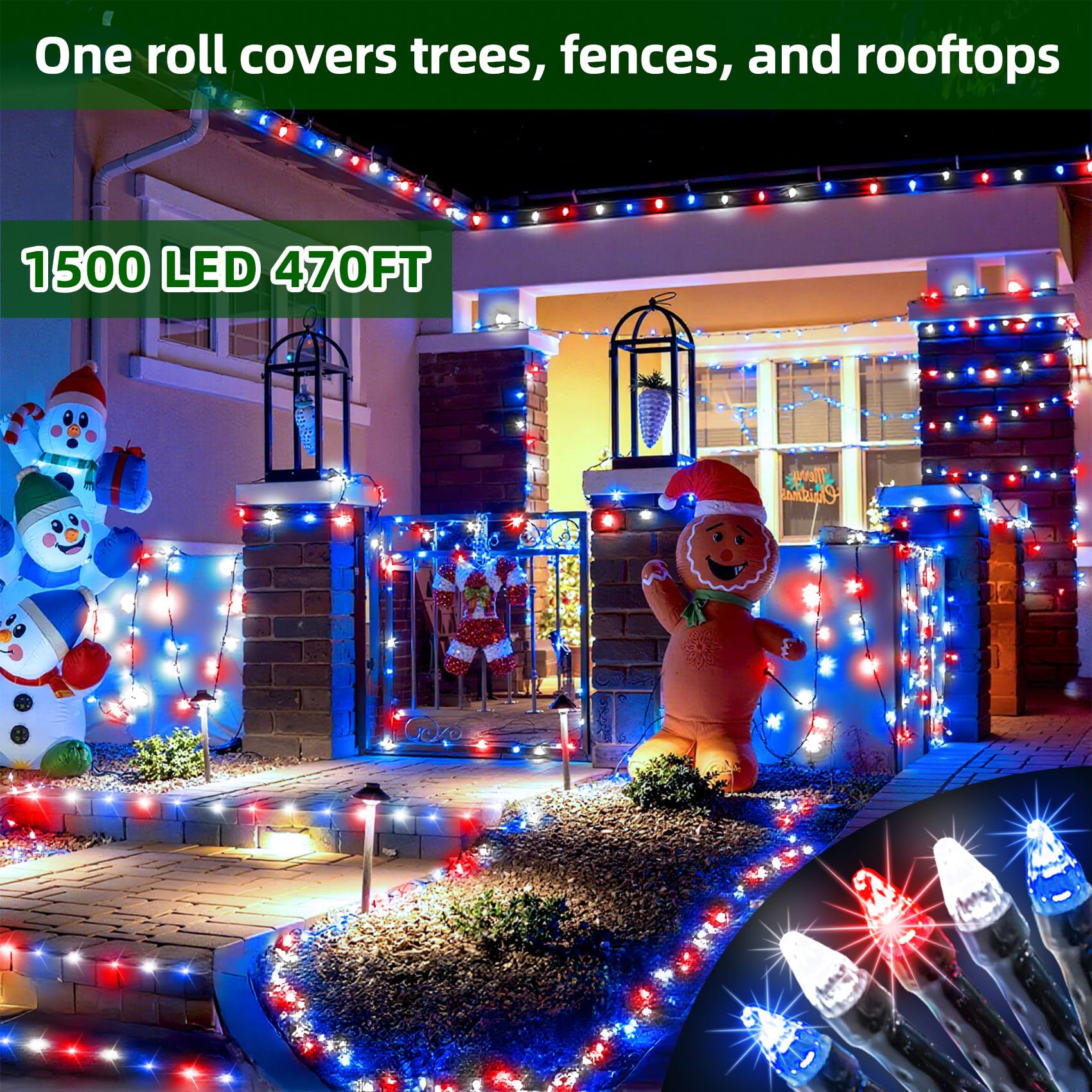 1500 Led 470Ft Christmas Lights Outdoor 12 Lighting Modes Christmas String Lights With Timer  Dimmable Plug In Red White And Blue Led Stringlights Waterproof For Yard Tree Wedding Party Holiday