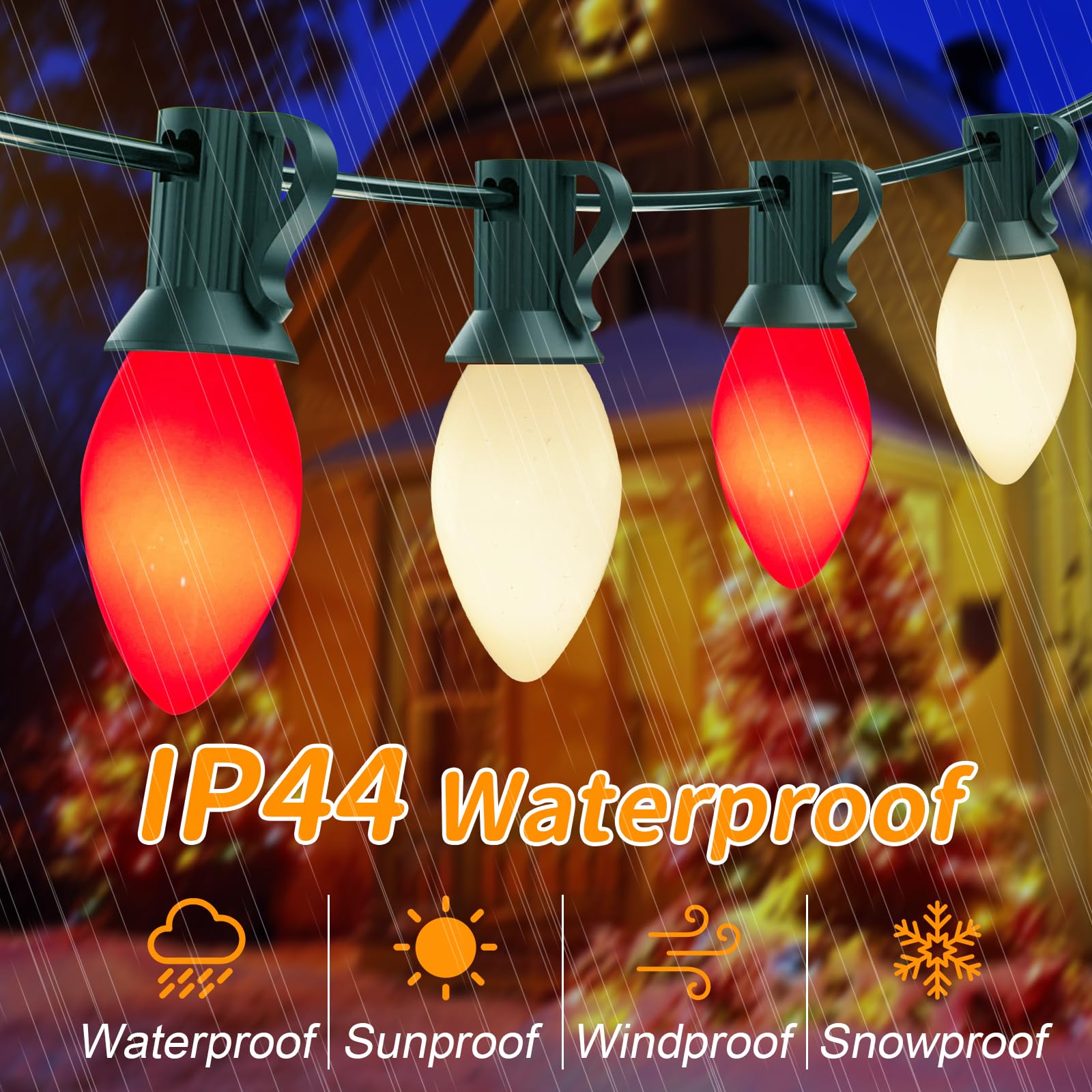 C7 Led Christmas Lights Outdoor, 25Ft Christmas Red White String Lights With 27 Ceramic Led Bulbs(2 Spare), Connectable Vintage