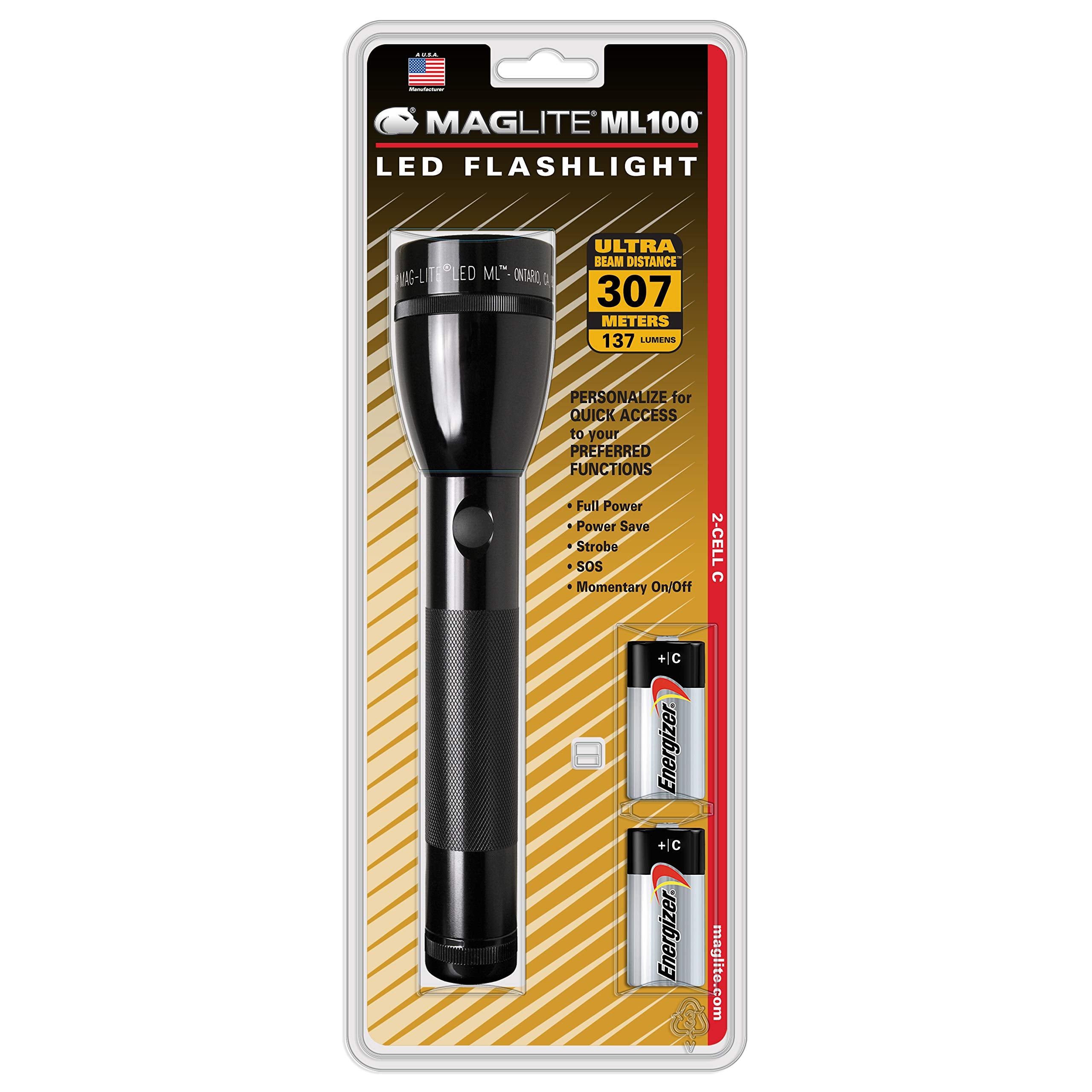 Maglite ML100 LED 2 C Cell, Black, Blister Pak w/Batteries
