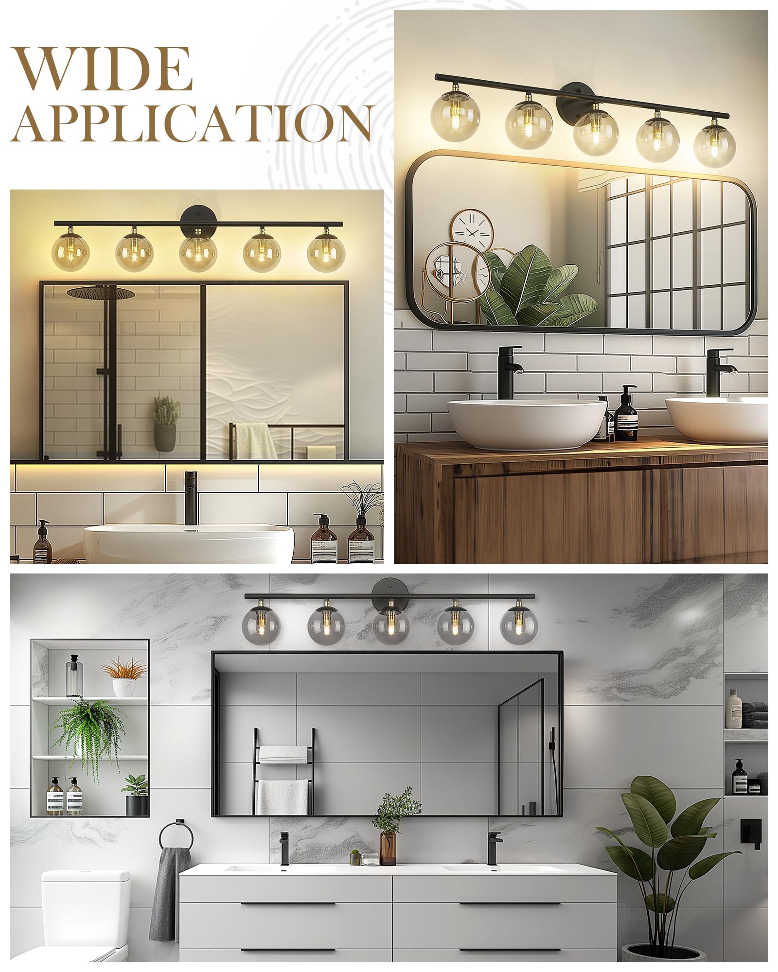 Lms 5-Light Matte Black Vanity Light, Modern Bathroom Lighting Over Mirror, Black And Brass Gold Finish With Globe Glass Shade,