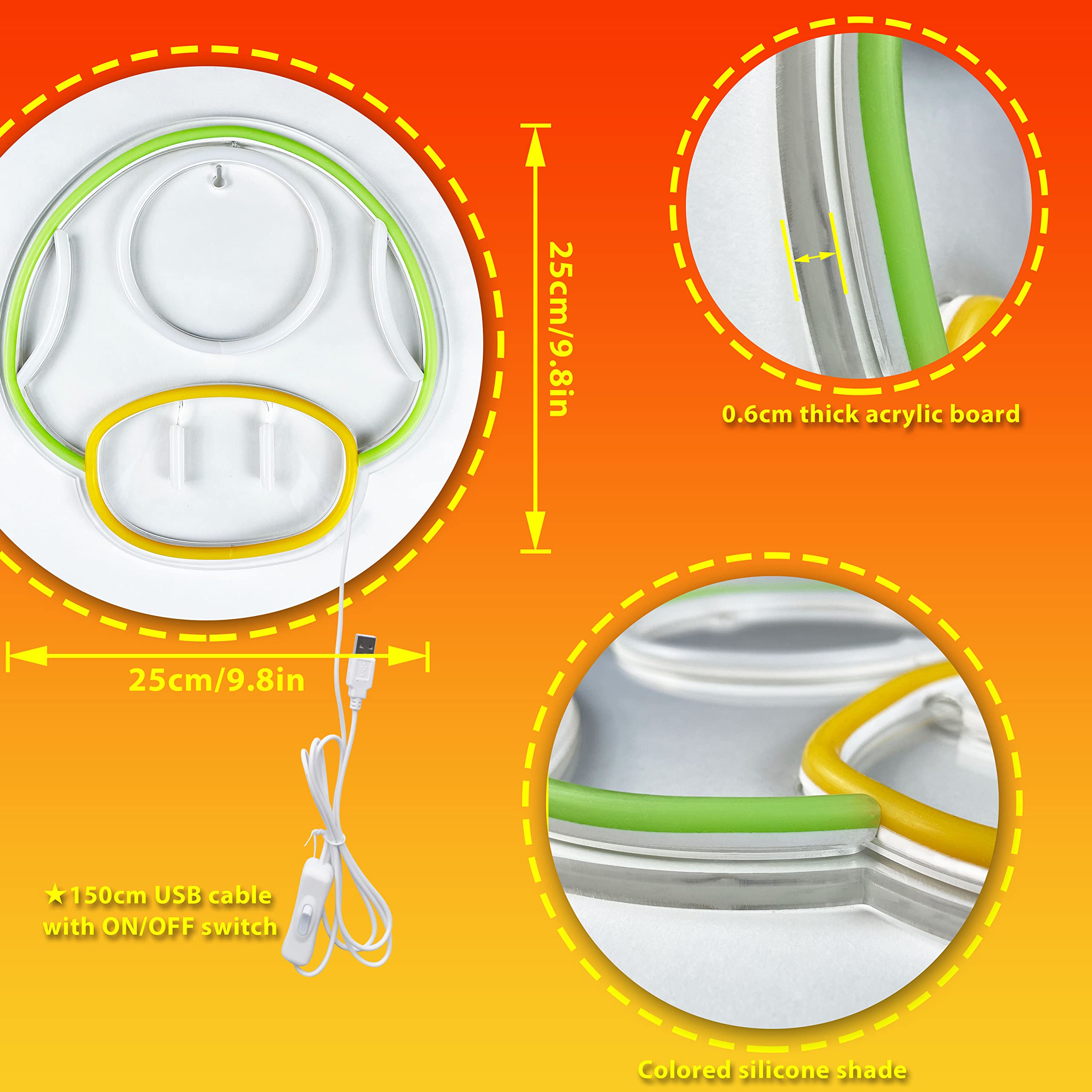 Heliwey Green Led Neon Light Sign - Super Mushroom Npc Wall Decor For Game Room & Bedroom