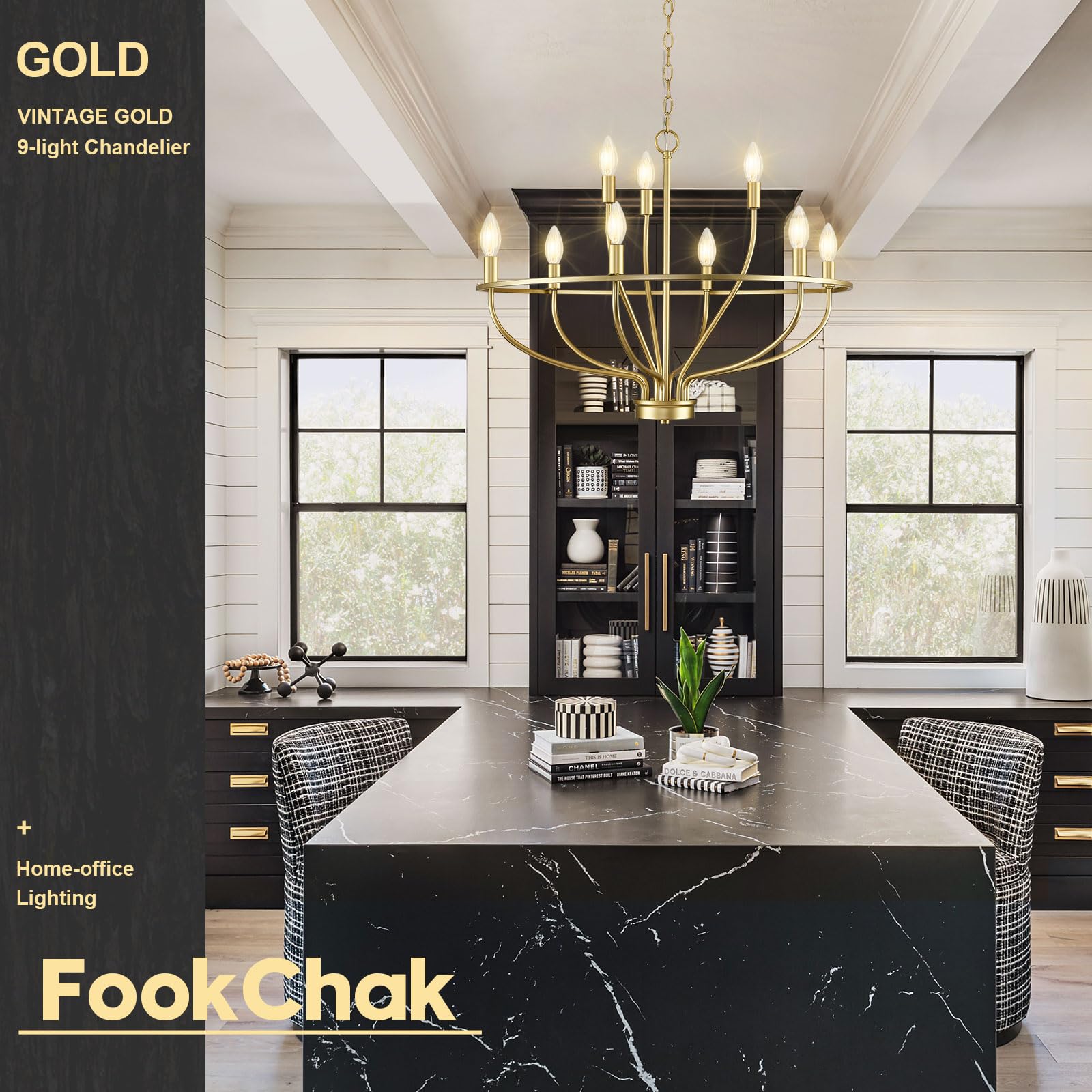 FookChak 9-Light Gold Metal Candle Chandelier, 28.54in, Vintage Design for Dining Room, Foyer, Kitchen Island, Bedroom