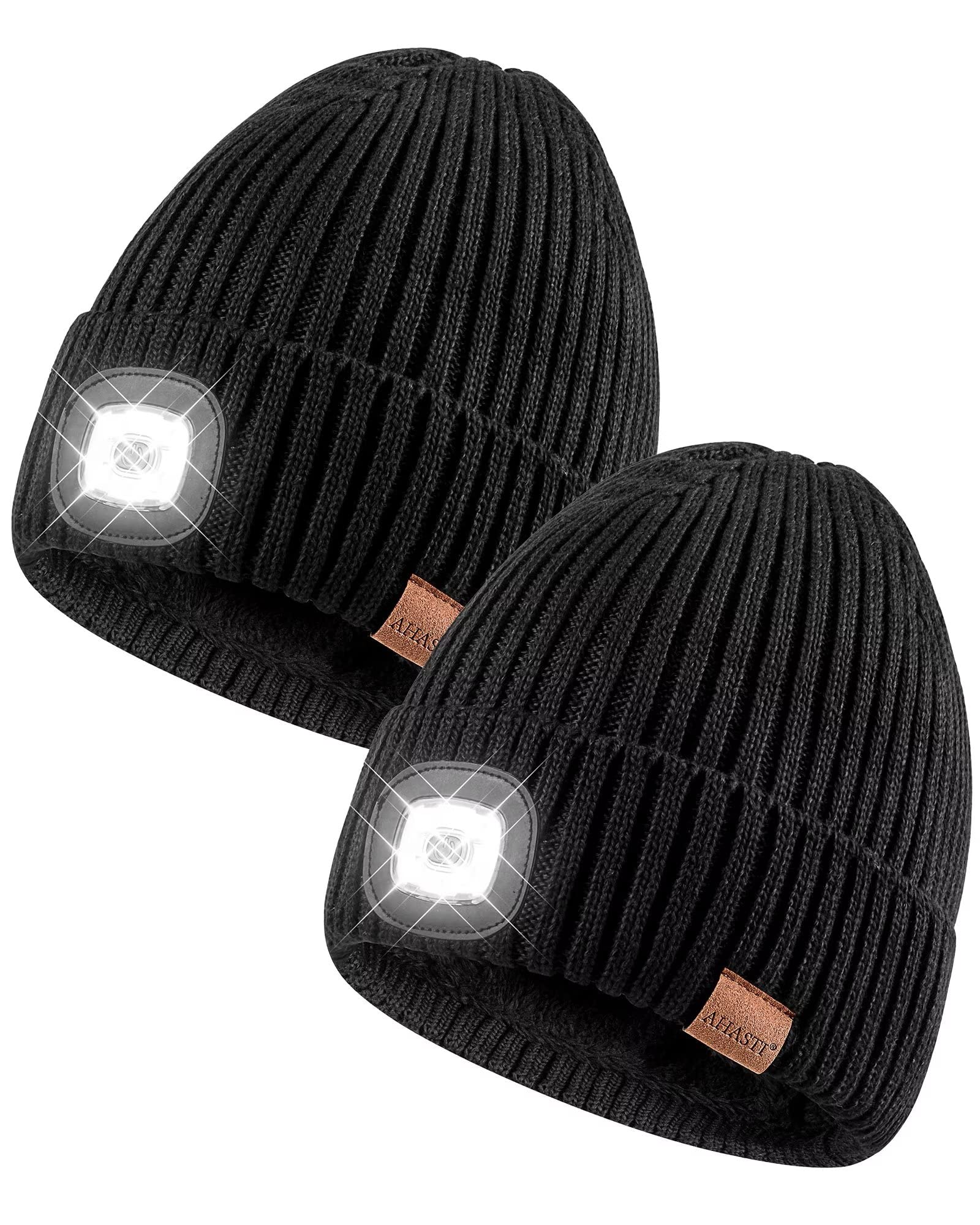 Beanie with Light for Men 2 Pack, Hat with Light Built in Rechargeable Winter Warm Knitted Headlamp Caps, Gift for Men Dads Husb