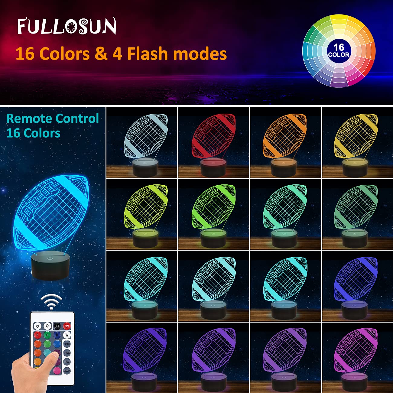 Fullosun 3D Football Night Light With Remote, 16 Colors - Creative Kids' Bedroom Decor