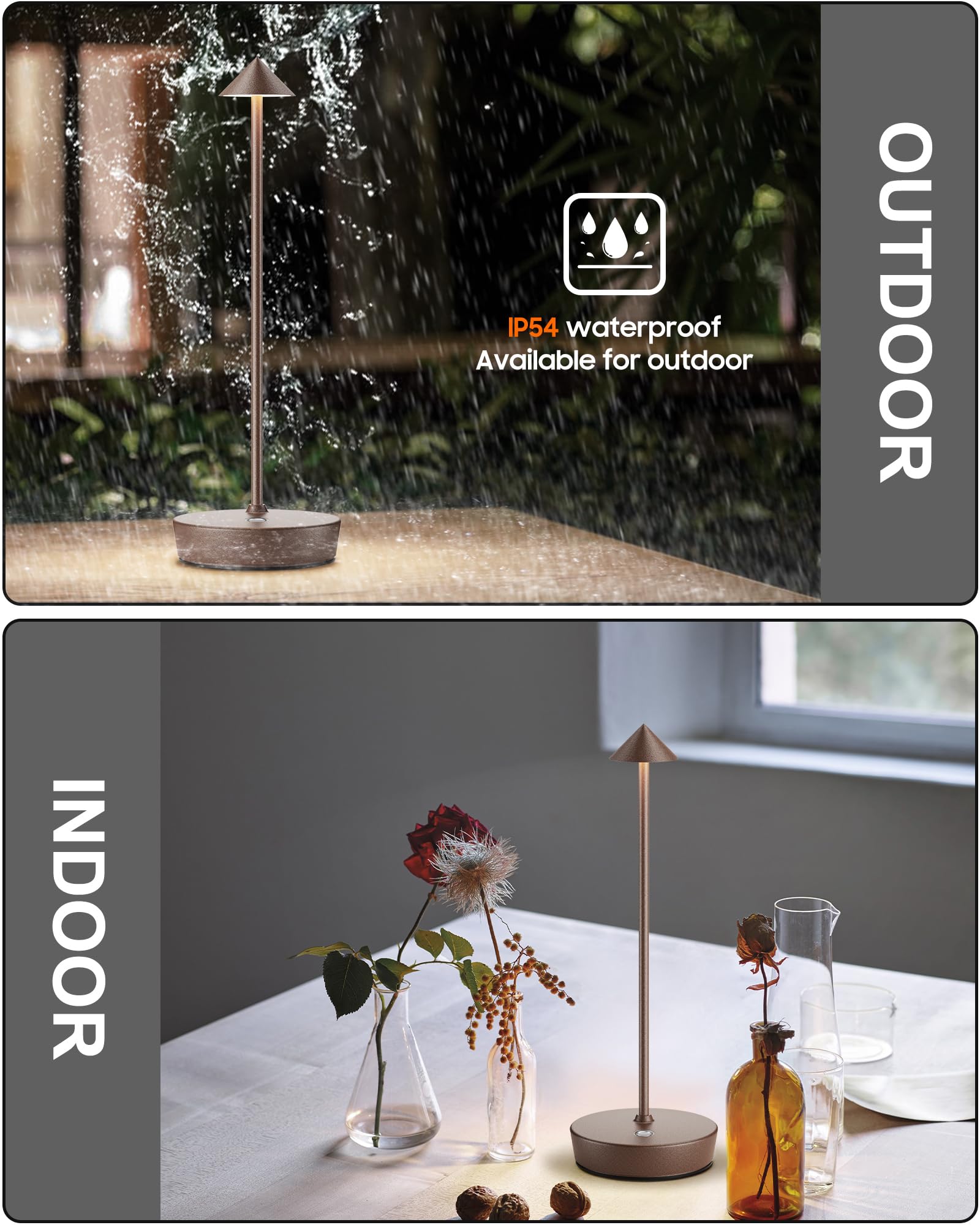 SHANGCAI Cordless Table Lamps Set of 2, 6000mAh Battery, Waterproof, Touch Dimmable, 11x11x32.4cm, Rust Color, Model