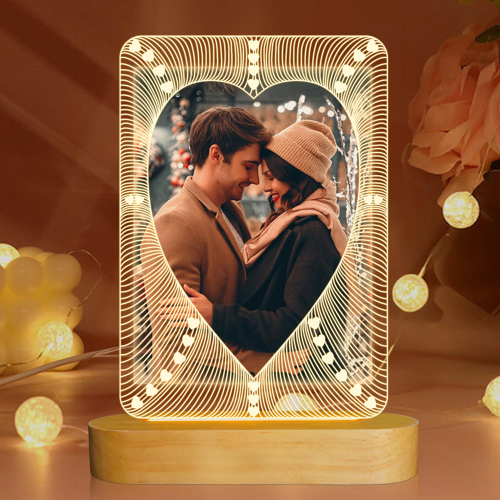 Attivolife Picture Frame for Him Her, Heart Photo Frame with LED Night Light, Bedroom Living Room Decor, Romantic Present for Co