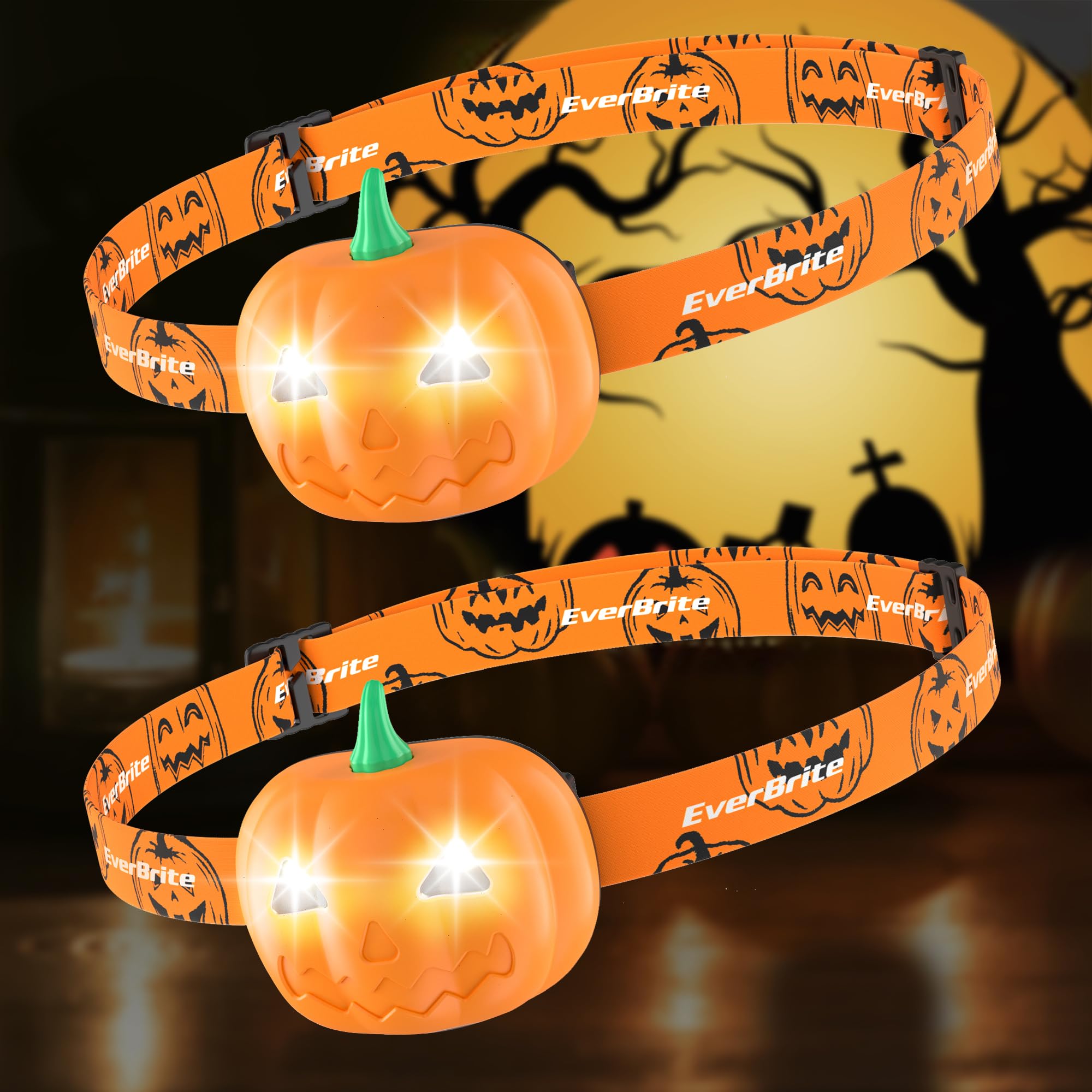 EverBrite Halloween Pumpkin Headlamp 2 Pack,2 Modes LED Head Lamp Adjustable Headband,Pumpkin Lights Halloween Party Favors, Ora