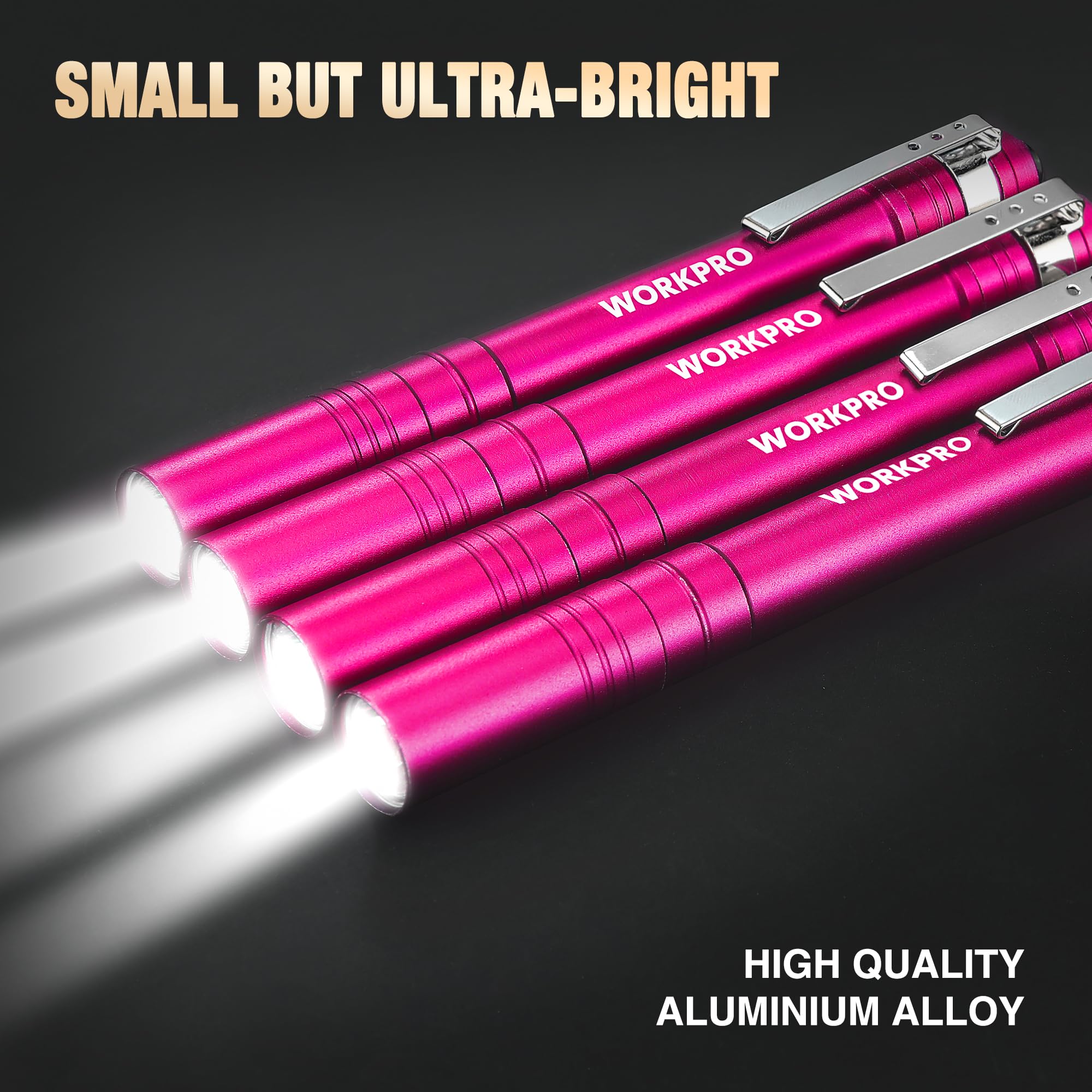 Workpro Led Pen Light, Aluminum Pen Flashlights, Pocket Flashlight With Clip For Inspection, Emergency, Everyday, 2Aaa Batteries Include, Pink(4-Pack)