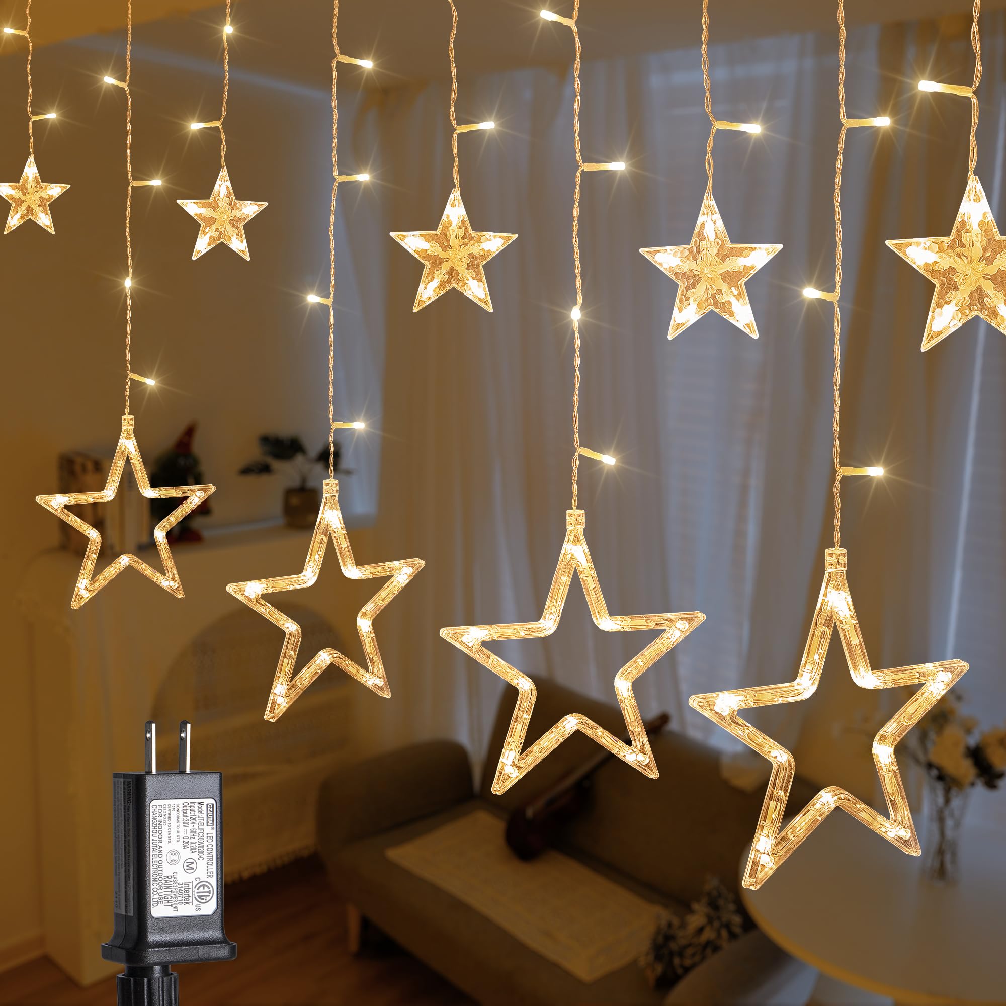 MYGOTO 126L Warm White Star Icicle Lights  8.2FT Clear Curtain Fairy String with Connectable  Timer 8 Modes Memory  Waterproof Hanging for Christmas Ramadan Party Wedding Indoor Outdoor Decorations