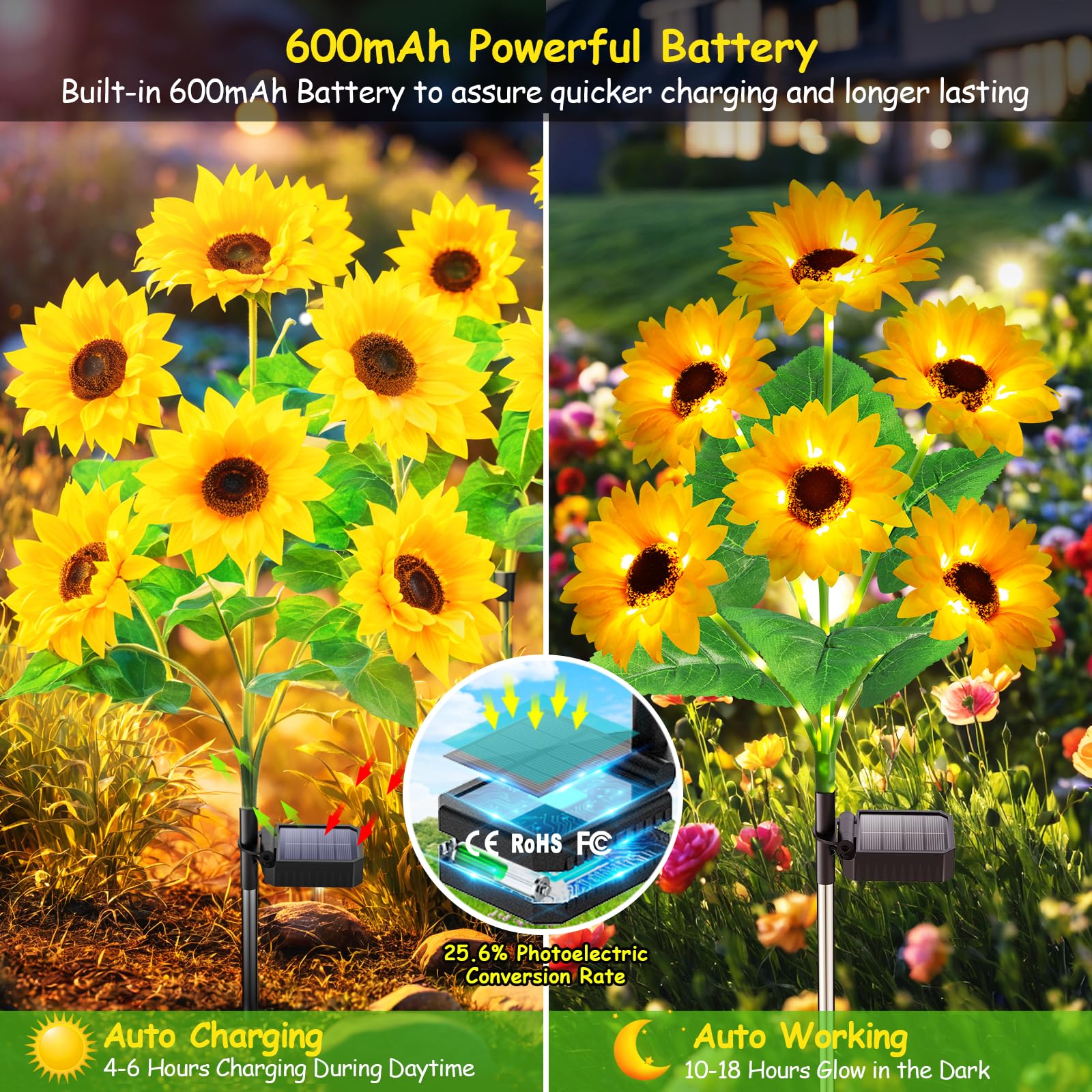 Garpar Solar Sunflower Lights, 6 Pack, Waterproof Outdoor Decor, Yellow ABS, Auto On/Off Garden Lights, Perfect Gift for Mother