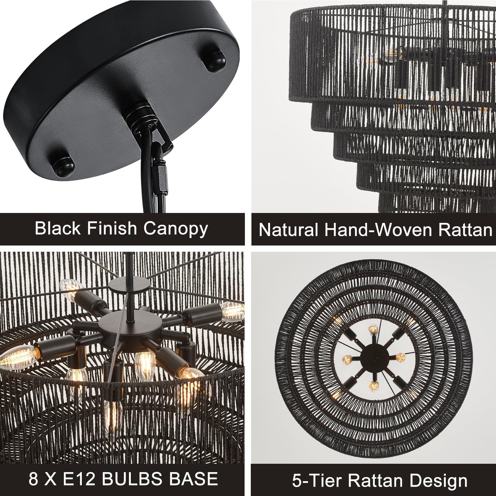 Yomecoo 25.6'' Black Rattan Chandelier Vintage 8-Lights Farmhouse Boho Hand-Woven Bamboo Black Chandelier Light Fixture Retro Dr