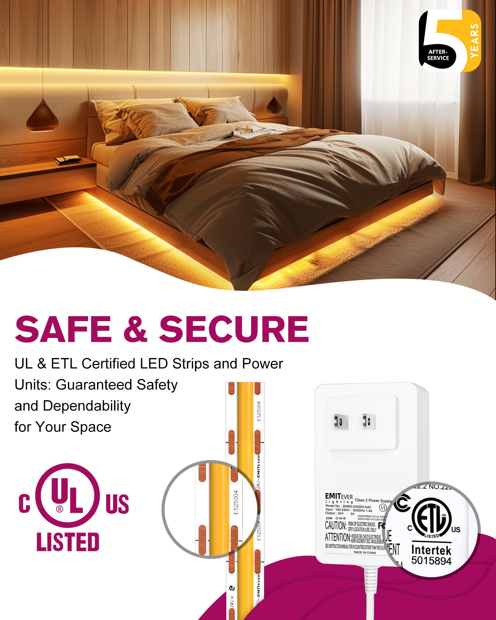 Emitever Cob Led Strip Lights Kit Warm White With Remote & 24V Power Supply,16.4Ft Dimmable Tape Light 2700K, High Density 2400L