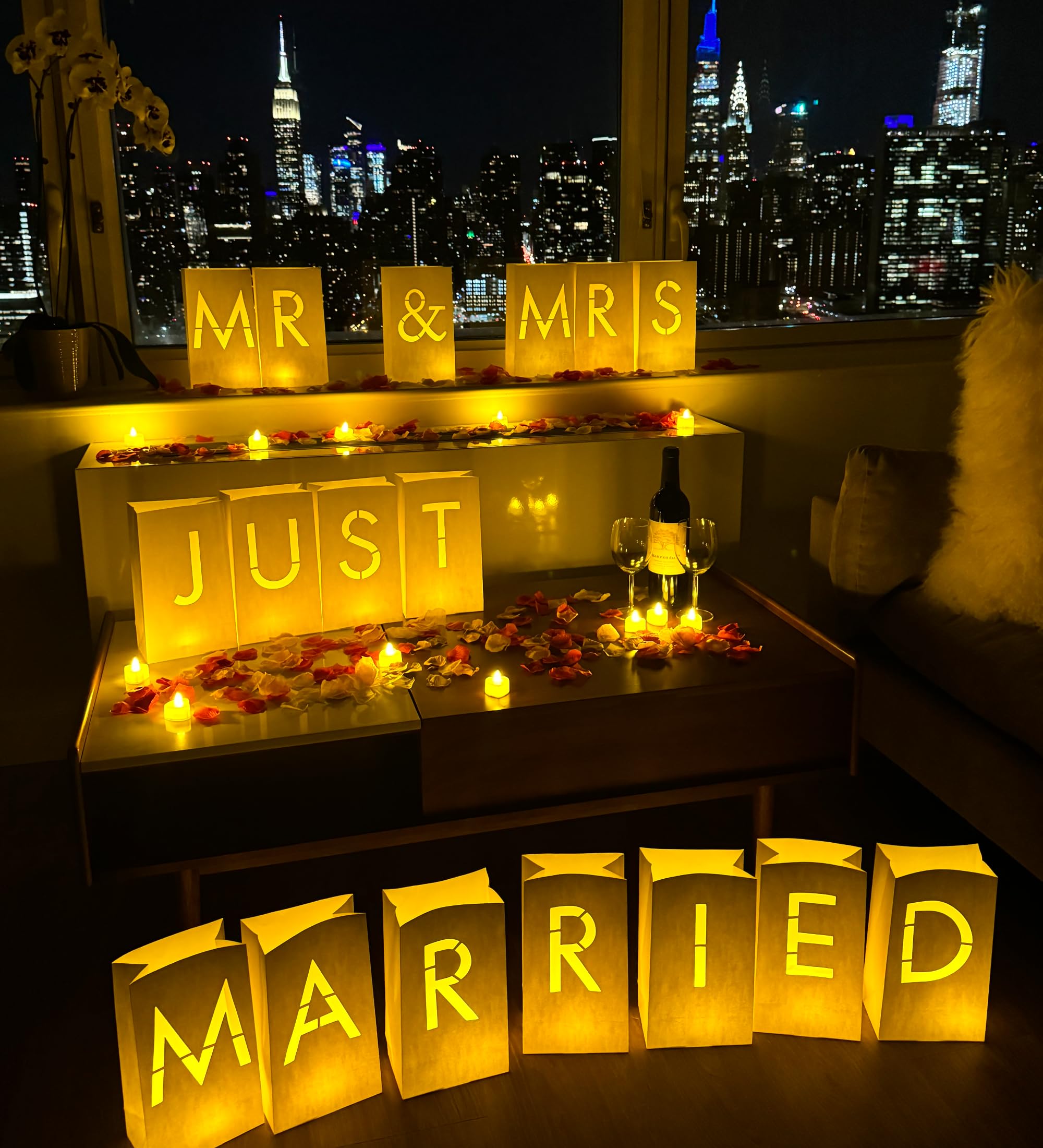 WYMM Just Married Light Up Letters - Paper Luminary Bags with Tea Lights, White, Perfect for Wedding Decorations