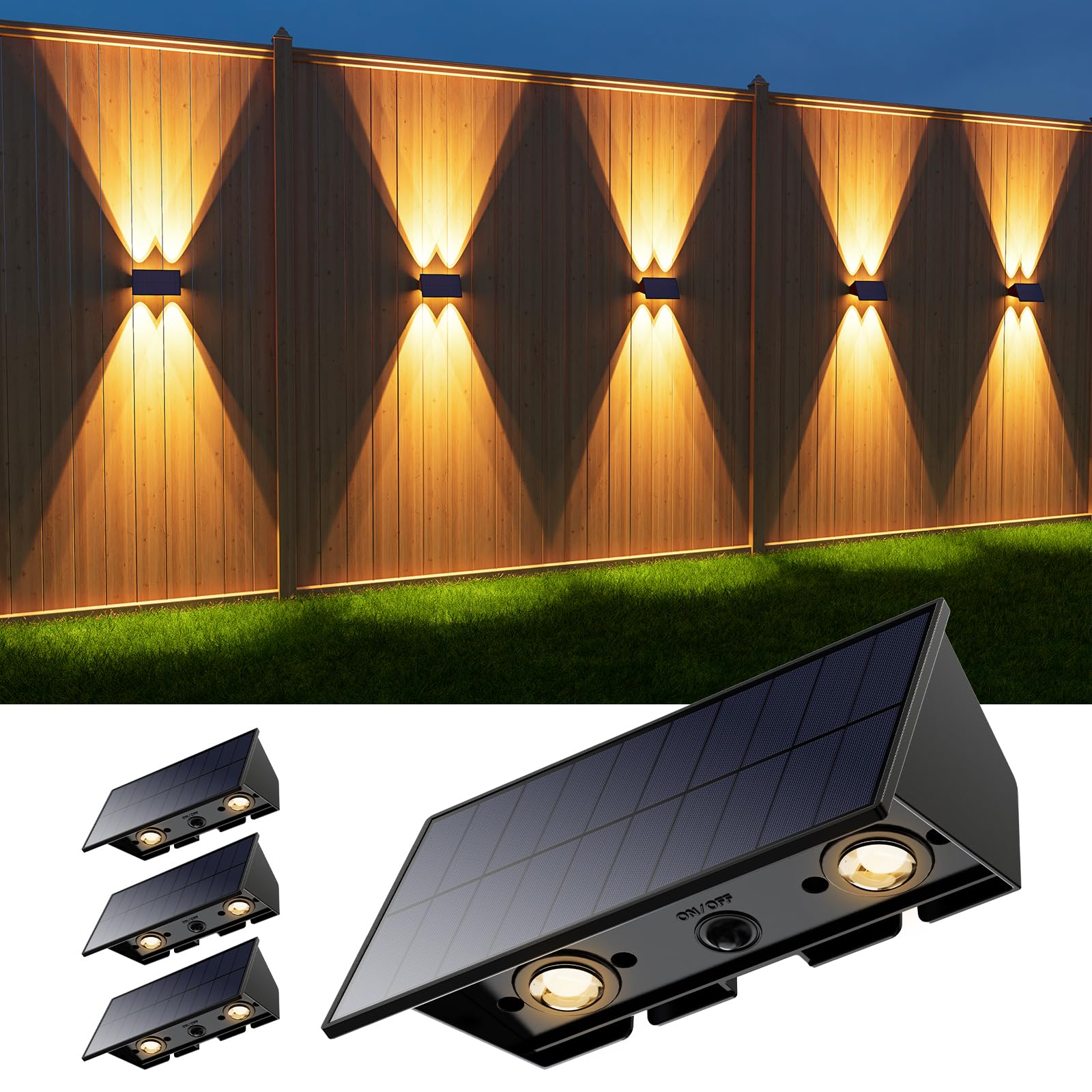 Roopure Solar Powered Wall Lights, 4 Pack, Waterproof LED Lamps, Warm White, Model CA0616WW-4P, for Outdoor Use