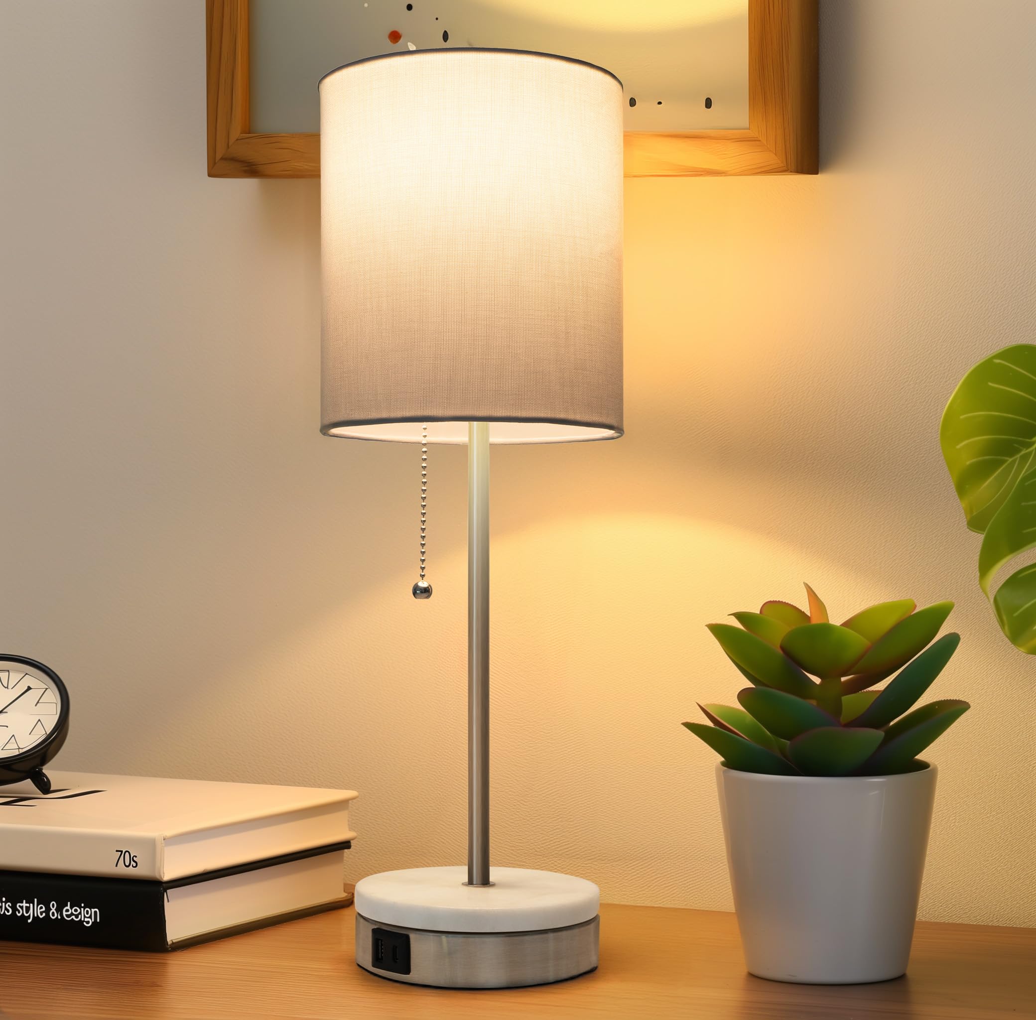 Velxee Marble Table Lamp, Bedside Lamps With Pull Chain For Bedroom, Lamp For Night Stands With Usb Ports And Square Shade For L