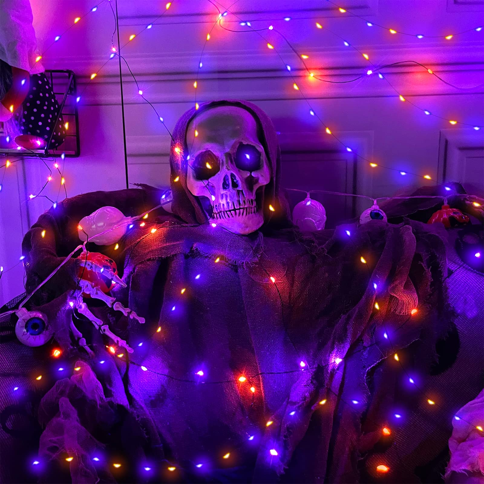 [ 3 Pack ] Halloween String Lights With Timer, Total 180Led 59Ft Copper Wire Battery Operated Halloween Decorations Indoor Outdoor Outside Yard Home Party Decor, 60Led 19.7Ft Each(Orange & Purple)