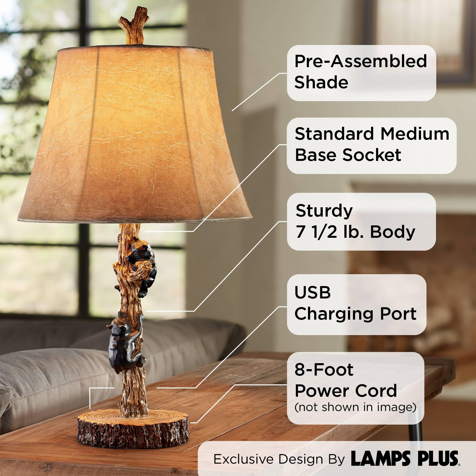 John Timberland Rustic Accent Table Lamps Set of 2, 22.5in High, USB Port, Brown Black Wood Finish, Model 81K44