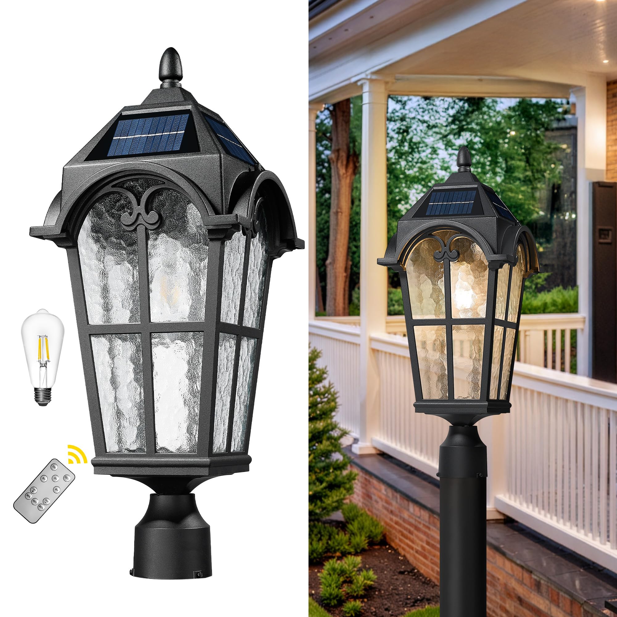 Emliviar Outdoor Solar Lamp Post Light, 22.1in Aluminum, Vintage Design, Black Finish, Water Grain Glass Shade, Model YXE302MP-SL BK