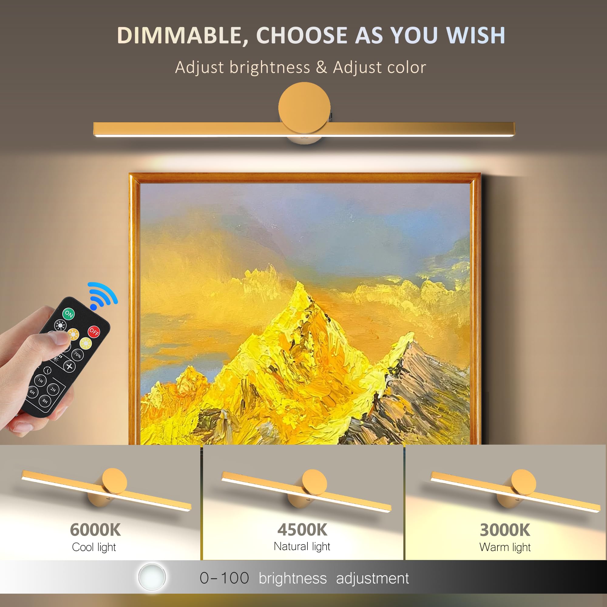 Zitostory Battery Operated Picture Light For Wall With Remote Wireless Dimmable Art Lights For discomfort-reducingtings Rechargeable Gallery Light Artwork Lighting For Canvas  Portrait (Gold 20 Inch)