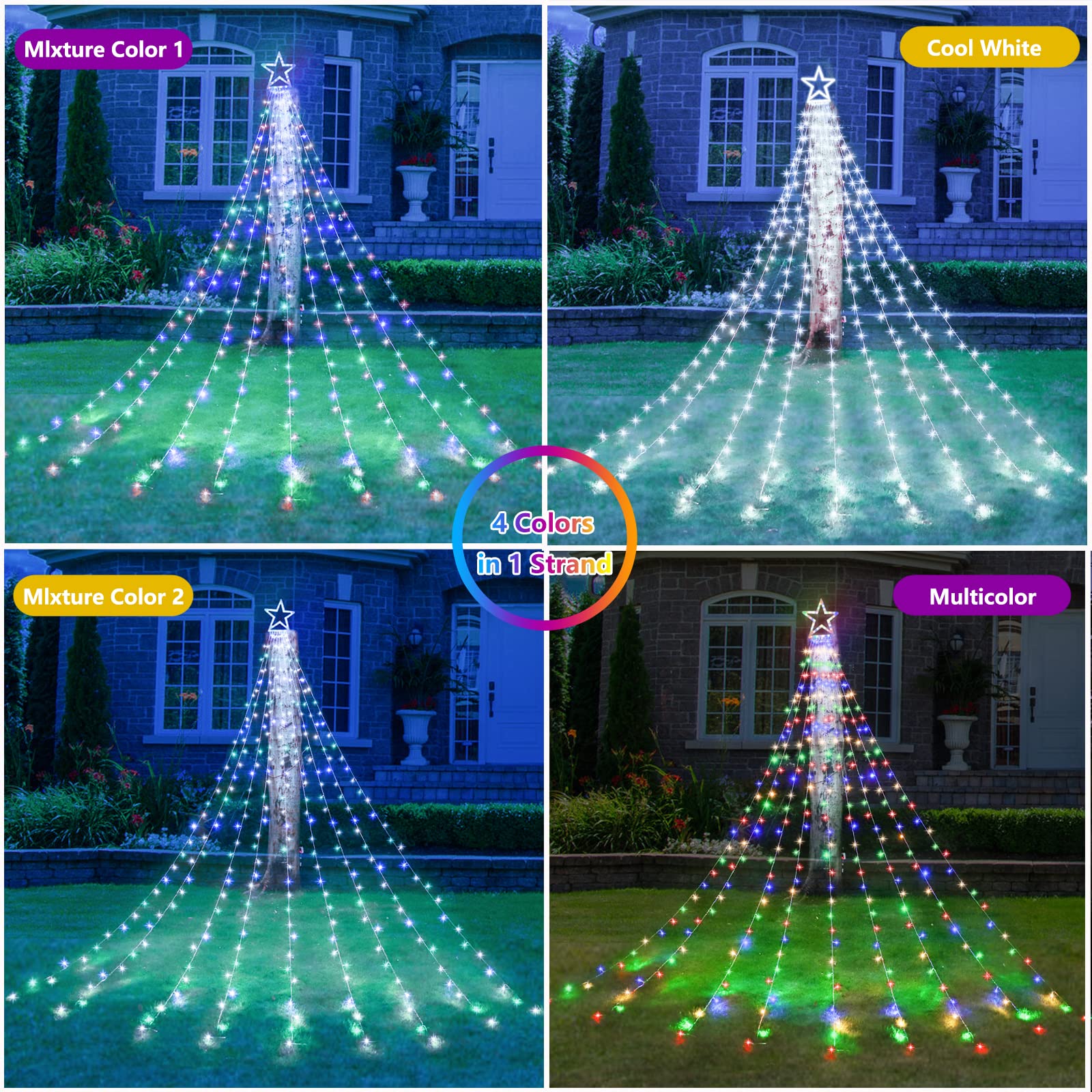 Decute Outdoor Christmas Decorations Star String Lights Color Changing Timer With Remote  Waterproof 320 Led Tree Toppers Fairy Lights For Yard Garden Backyard Holiday Decor Cool White + Multi-Color