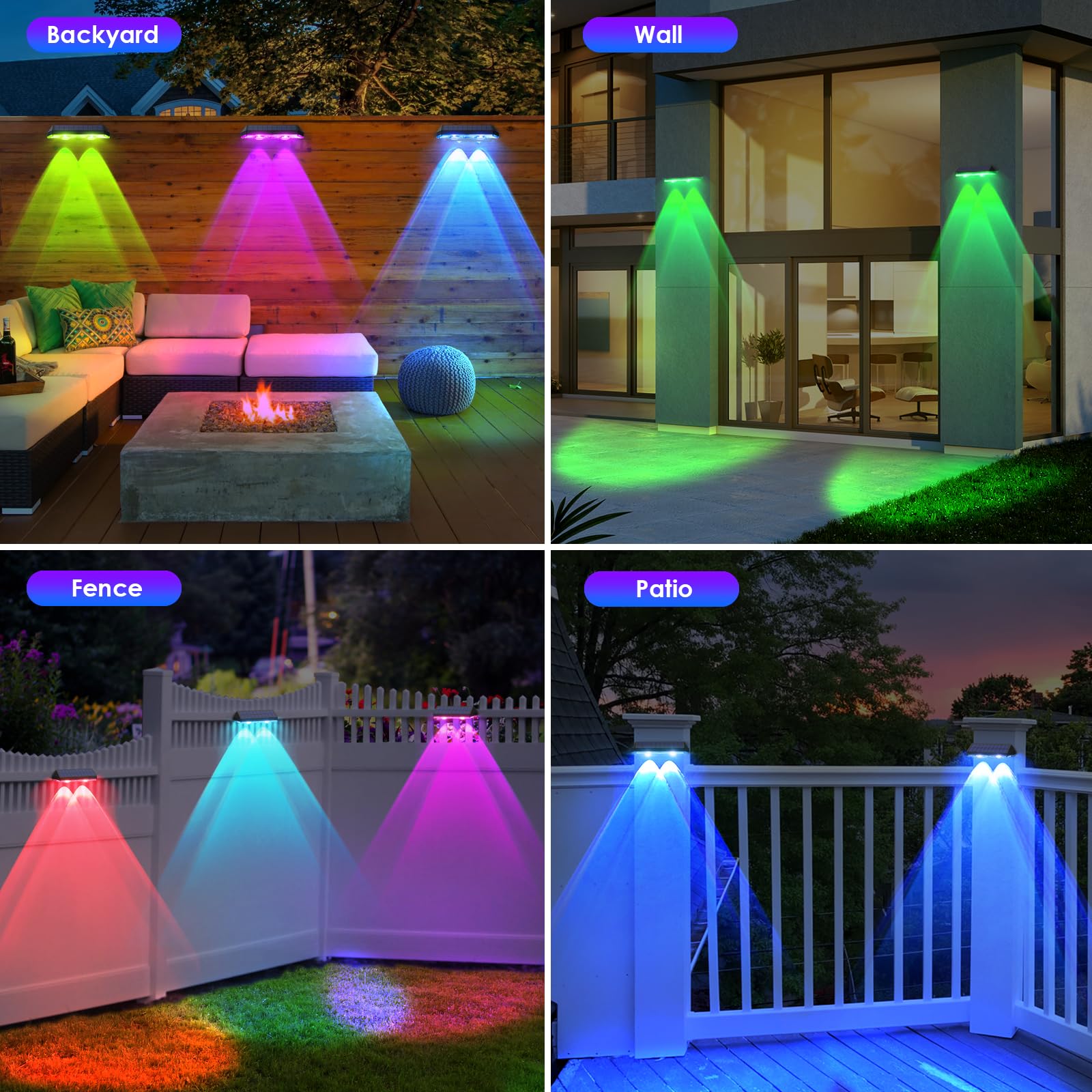 LIANGLOME Solar Fence Lights, 2PK Warm White & RGB, Plastic, Model 2301-2PK-CW