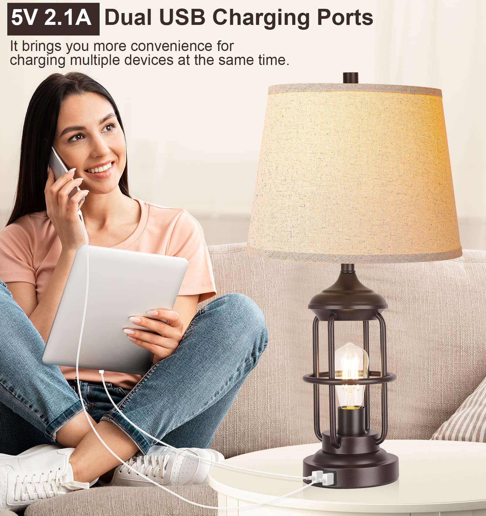QiMH Table Lamp with USB Ports, Touch Control, 3-Way Dimmable, Beige, Single Pack, Oil Rubbed Bronze, Model STR-DL-0102