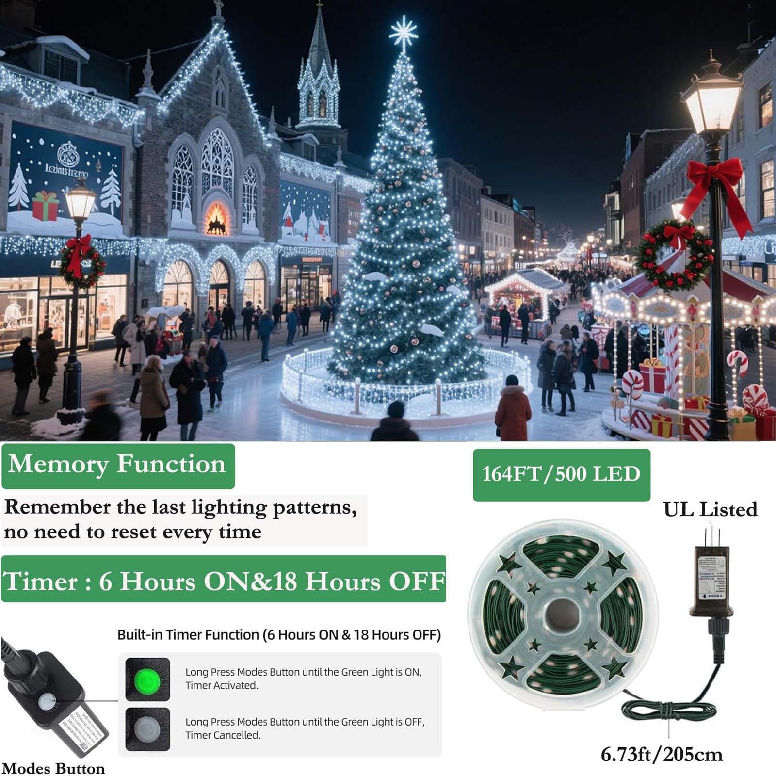 Tcamp Christmas Lights - 164ft 500 LED White String Lights, 8 Modes, Timer, Green Wire, Model QL300AE