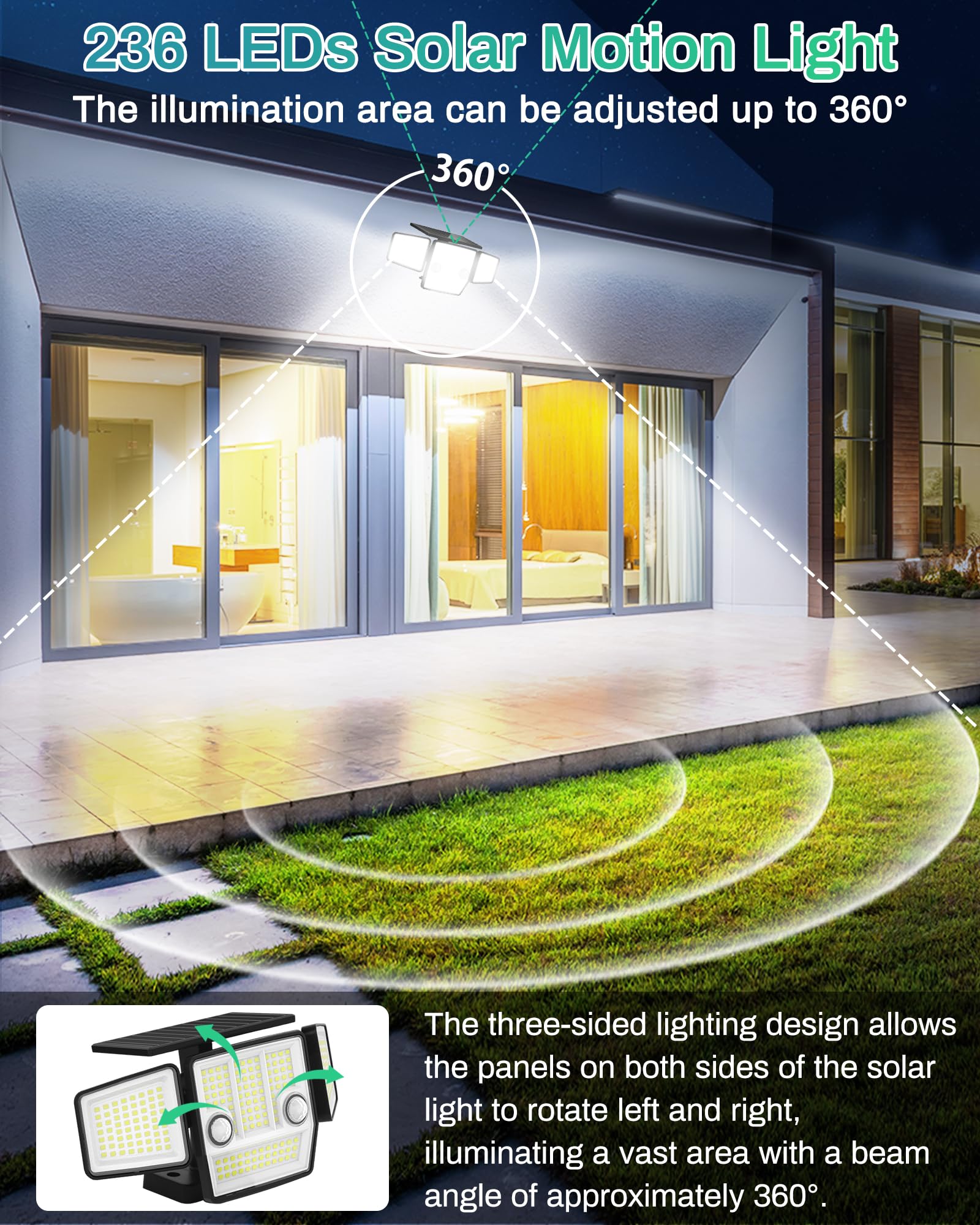 Solar Motion Light Outdoor With Stake, 180 Pir Motion Sensor 360 Illumination, In-Ground Or Wall Mount, 236 Led 2500 Lumens Sola