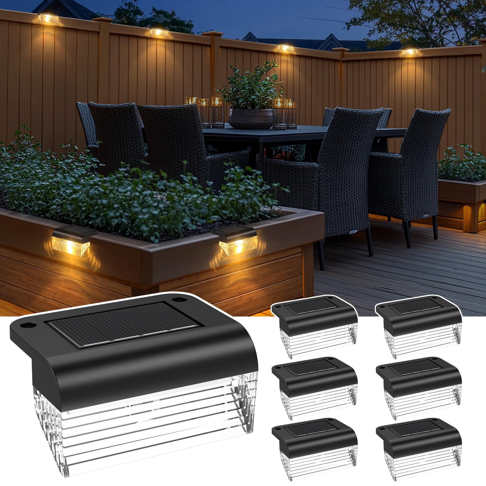 TIJNN Solar Deck Lights, Waterproof Outdoor Lighting, 6 Pack, Plastic, Model LT00179S6, for Steps, Fence, Yard, Patio Decor