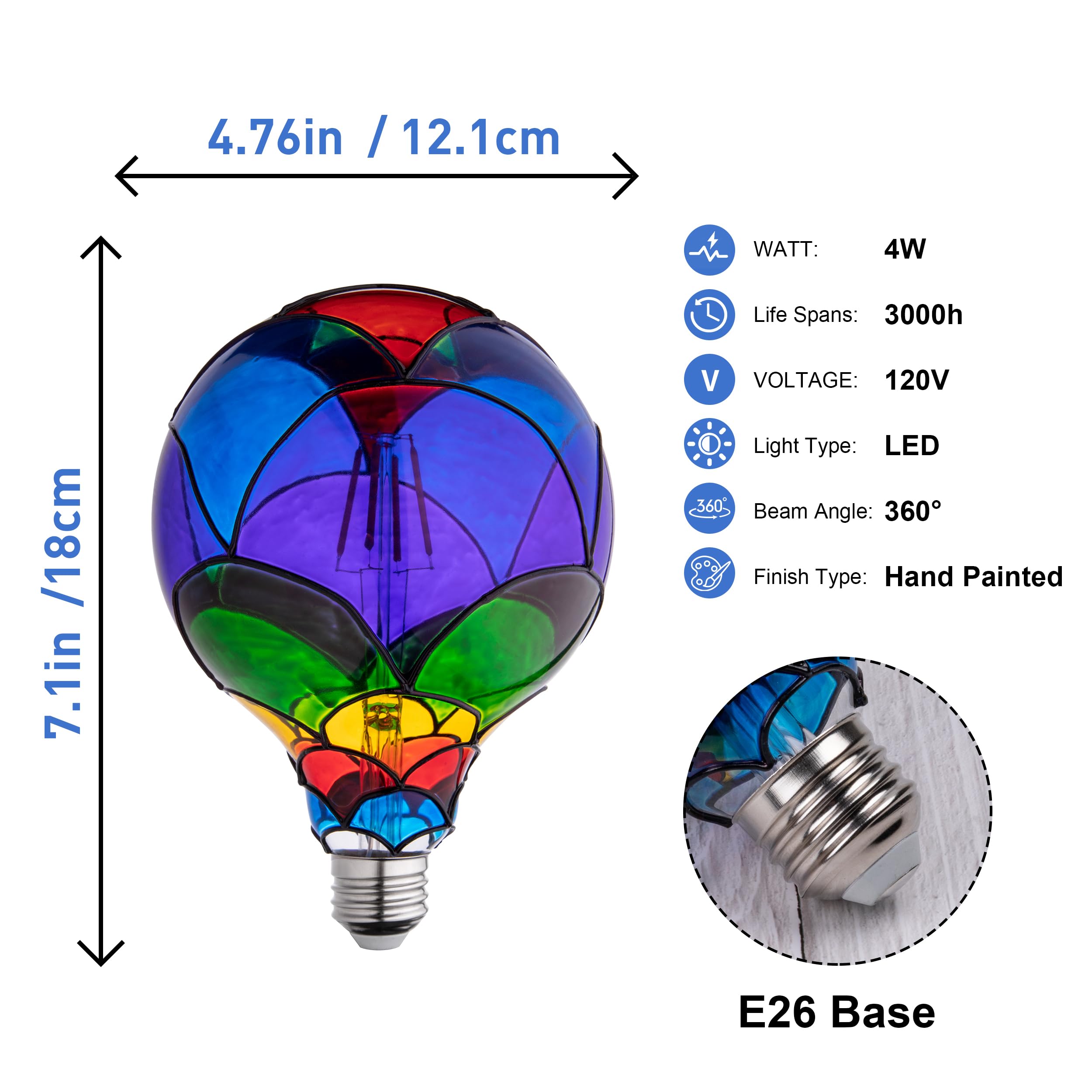 Cybaaluxzus Stained Glass Light Bulb, Rainbow Painted, 4W 120V, Multi Colored, Fun, Romantic, Unique Decorative
