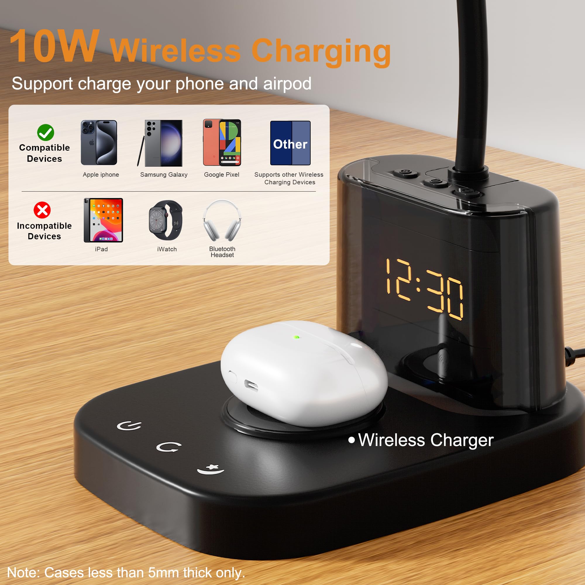 Sailstar LED Desk Lamp with Wireless Charger & Clock, 800LM, 3 Color Modes, 5.11x6.29x23.85 inches, Light Black, Model DL-C