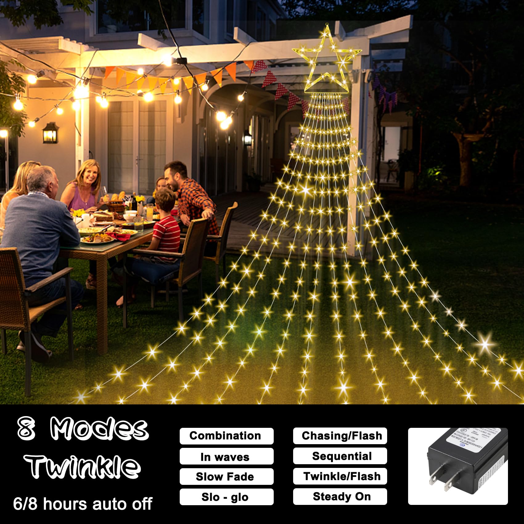 Onory 23FT Christmas Outdoor Star String Lights, 860 LED Waterproof Warm White, 8 Modes for Patio, Yard, Party Holiday Decor