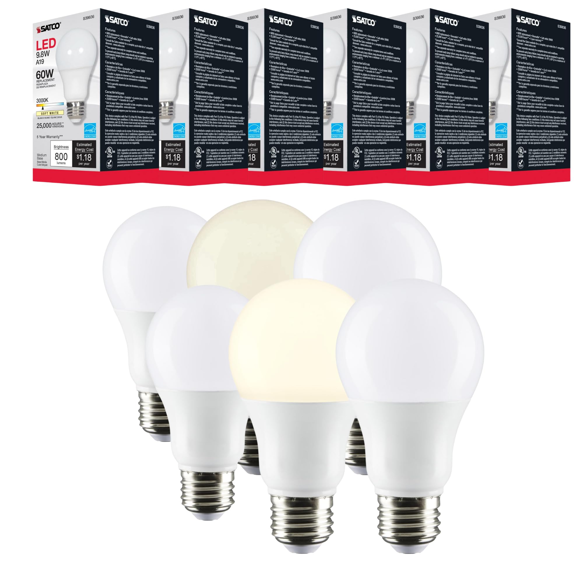 Satco S39836; LED Lamps; 9.8 Watt; A19 LED; Omni-Directional; 3000K; Medium Base; 220 deg. Beam Angle; 120 Volt (6 LED Light Bulbs)