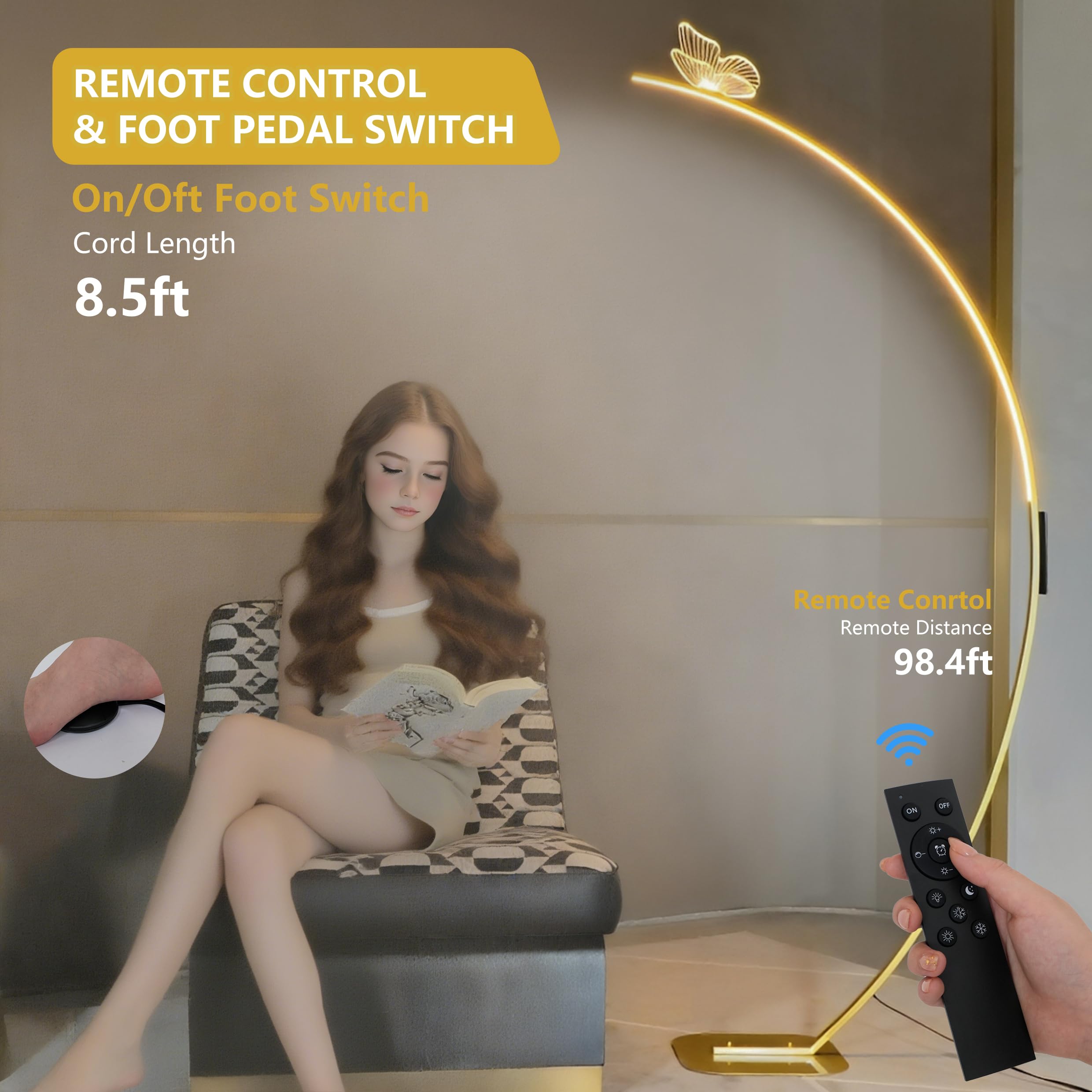 Arc Floor Lamp,2000 Lumens Dimmable Butterfly Arched Floor Lamp with Remote & Foot Control, 3 Color Temperatures, Modern Floor L