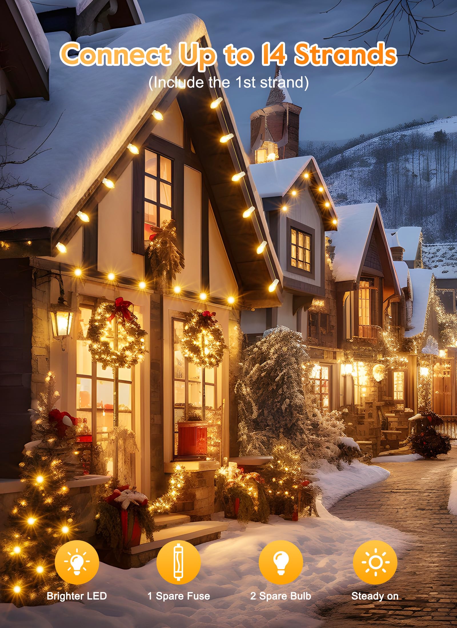 Minetom Vintage C9 LED Christmas Lights, 50Ft String, Shatterproof Bulbs, Warm White-White Wire, Model GYPC-O25LAU