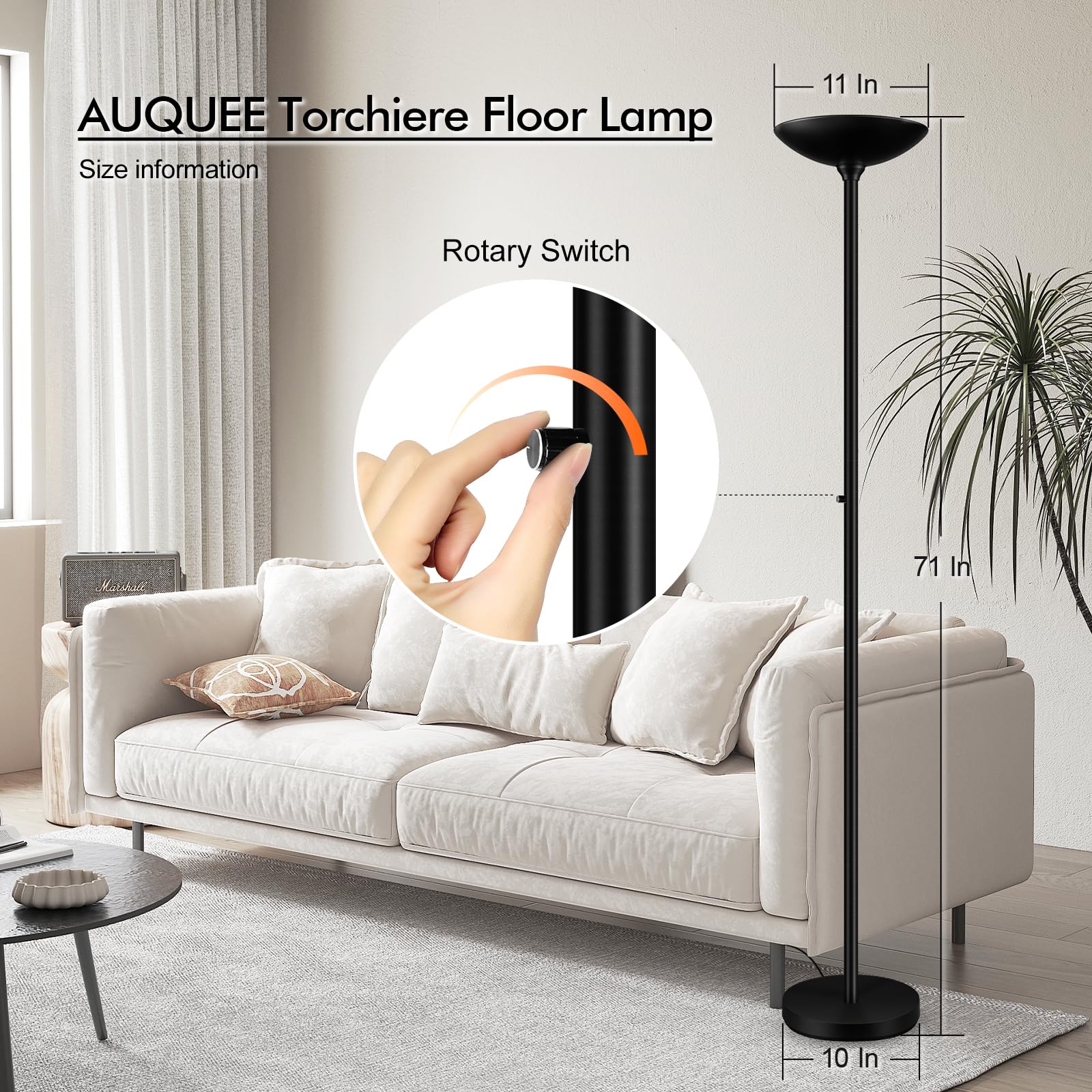 Auquee 30W Torchiere Floor Lamp - 3600Lm Dimmable Led, 71&quot; Black Metal Standing Light