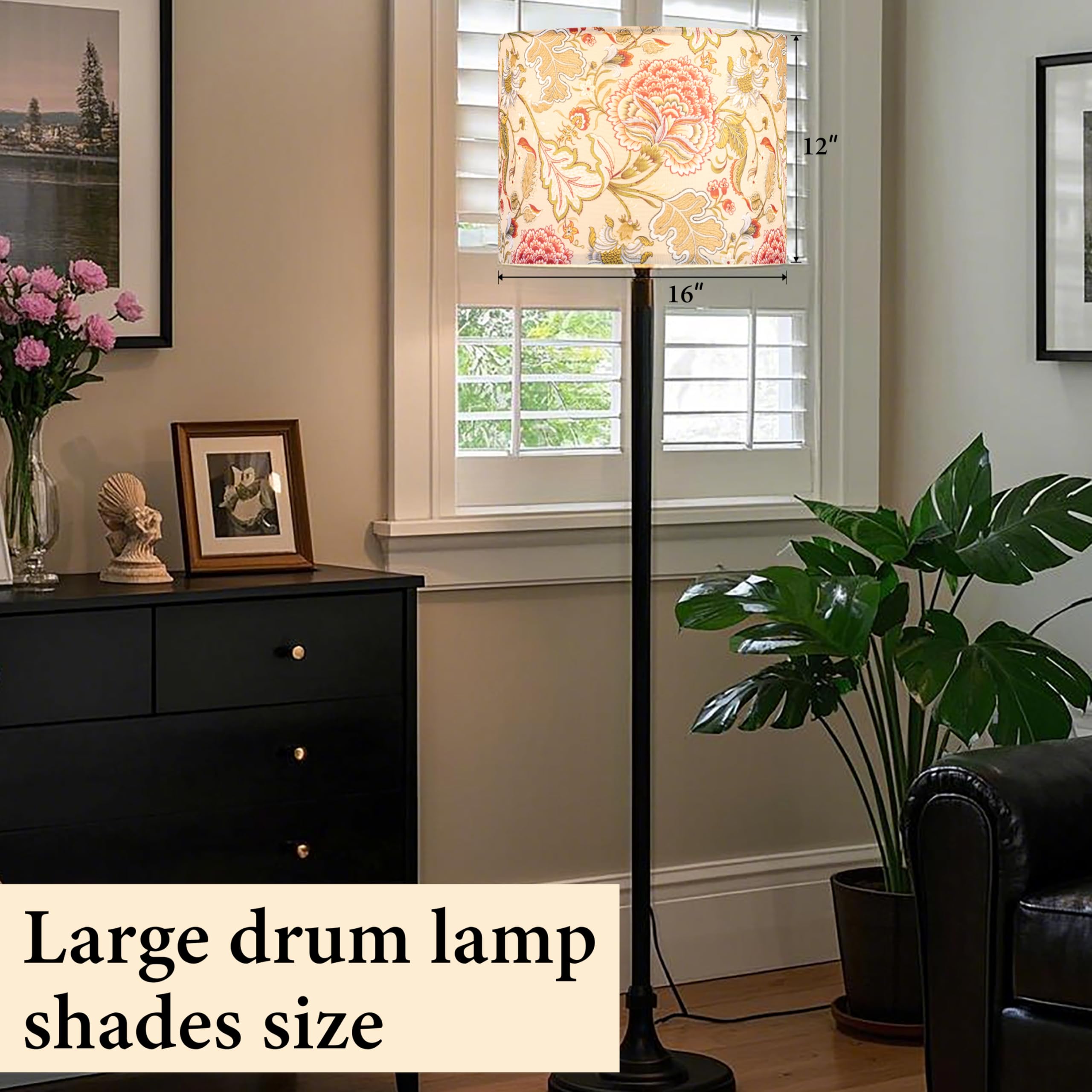 GO&SO Floral Drum Lamp Shade, 16inx16inx12in, Polyester Linen, E27 Base, Multicolour-1, Model G5-17-1DZT-1