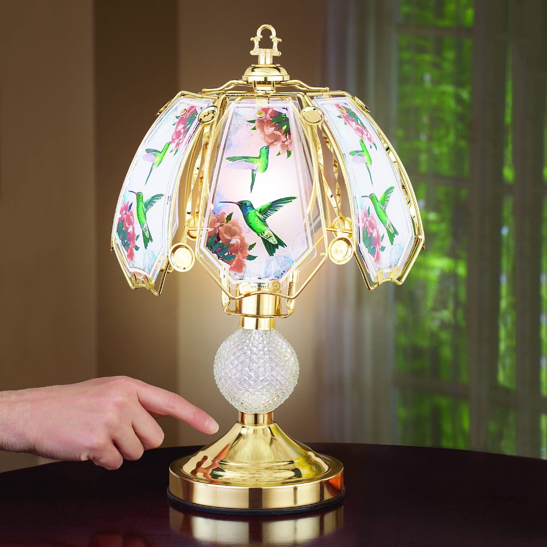 Collections Etc Touch Base Hummingbird Lamp with Gold-Tone Base and Colored Glass Panels, Tabletop Decorative Accent for Any Roo