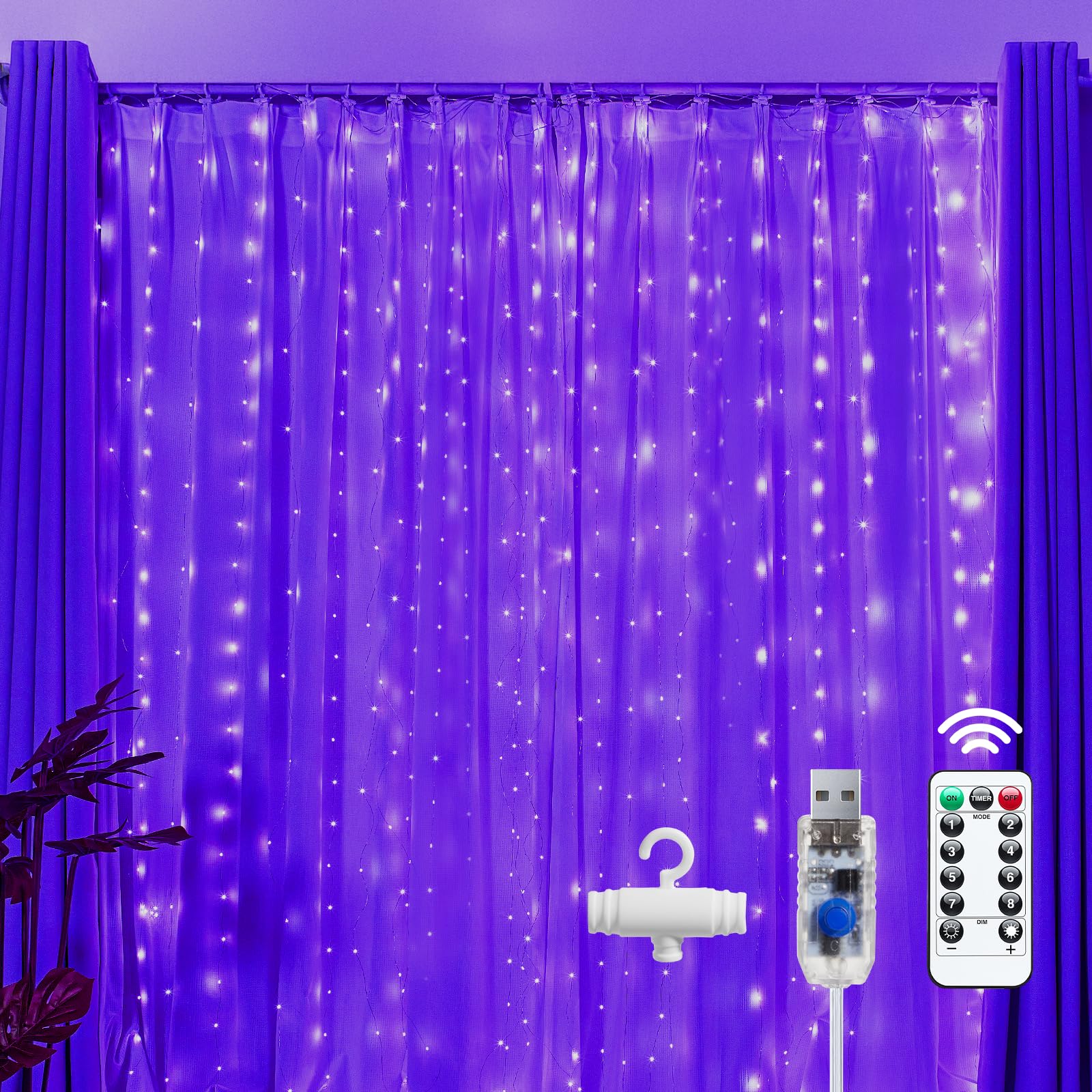 Brightown 300 Led Purple Halloween Fairy Curtain Lights  9.8Ft X 9.8Ft Curtain String Lights  Usb Plug In 8 Lighting Modes Led Christmas String Hanging Lights With Remote For Bedroom Indoor Weddings