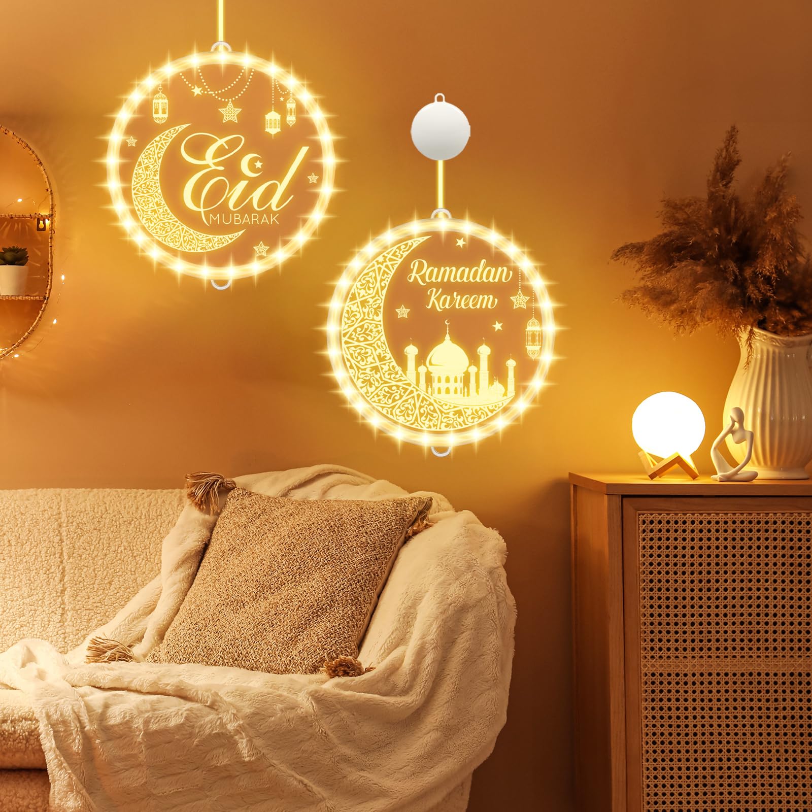 gisgfim 3D Eid Ramadan Mubarak Lights - Battery Operated, Acrylic, White, Model MM1518, Indoor/Outdoor Decoration
