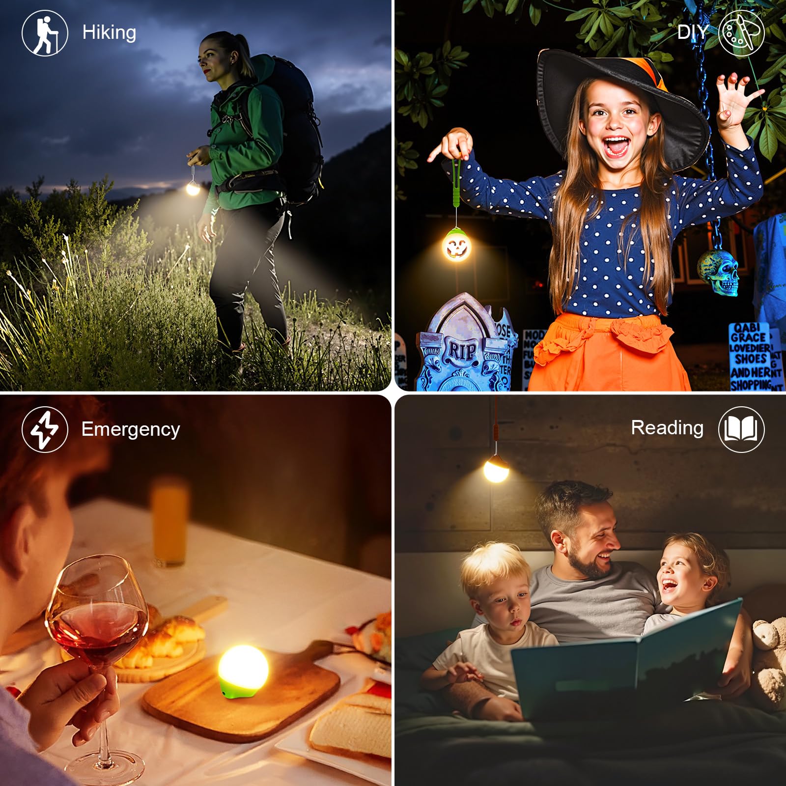 LETMY Rechargeable Camping Lanterns, 4 Pack, 150LM LED, Waterproof, Lightweight 20g, Dark Color, Model SCL005