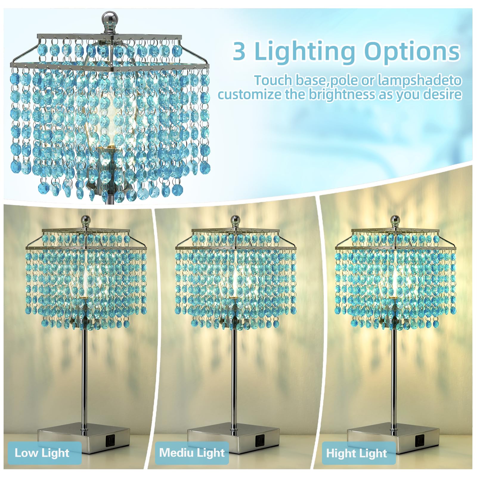 Luvkczc Crystal Table Lamp With Touch Control, Bedside Crystal Table Lamp With Usb C+A Ports, 3-Way Dimmable Lamp With Crystal S