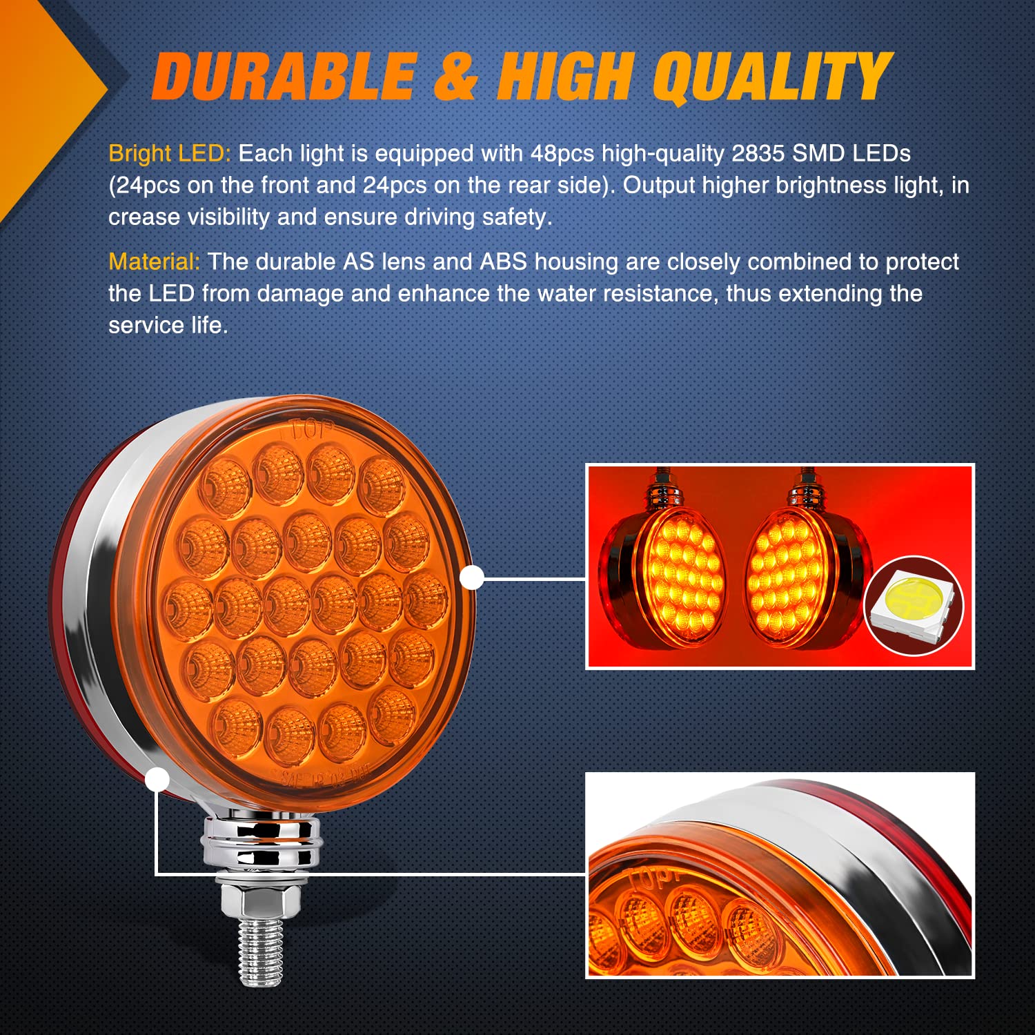 Nilight Round Double Face Fender Pedestal Light 2Pcs 48Led Amber Red Brake Turn Marker Tail Lights W/Stud Mount For Mack Kenwort