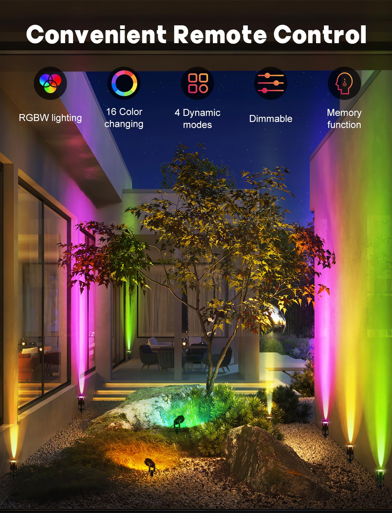 OurLeeme LED Landscape Lighting - 4-in-1 RGBW Spotlights, 36W Transformer, Remote Control, 4 Pack, Acrylonitrile Butadiene Styrene